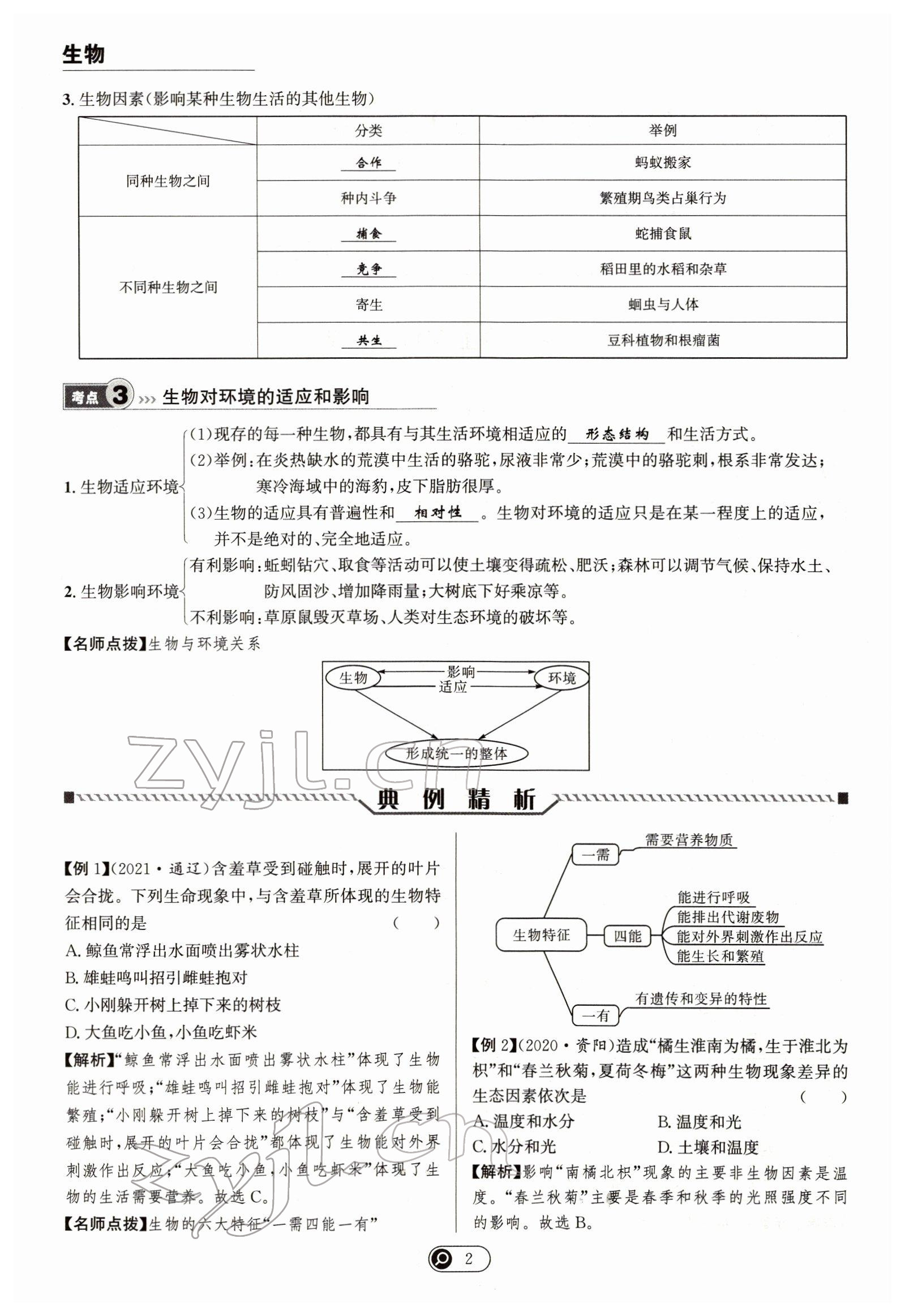2022年试题突破中考全接触生物四川专版 参考答案第2页