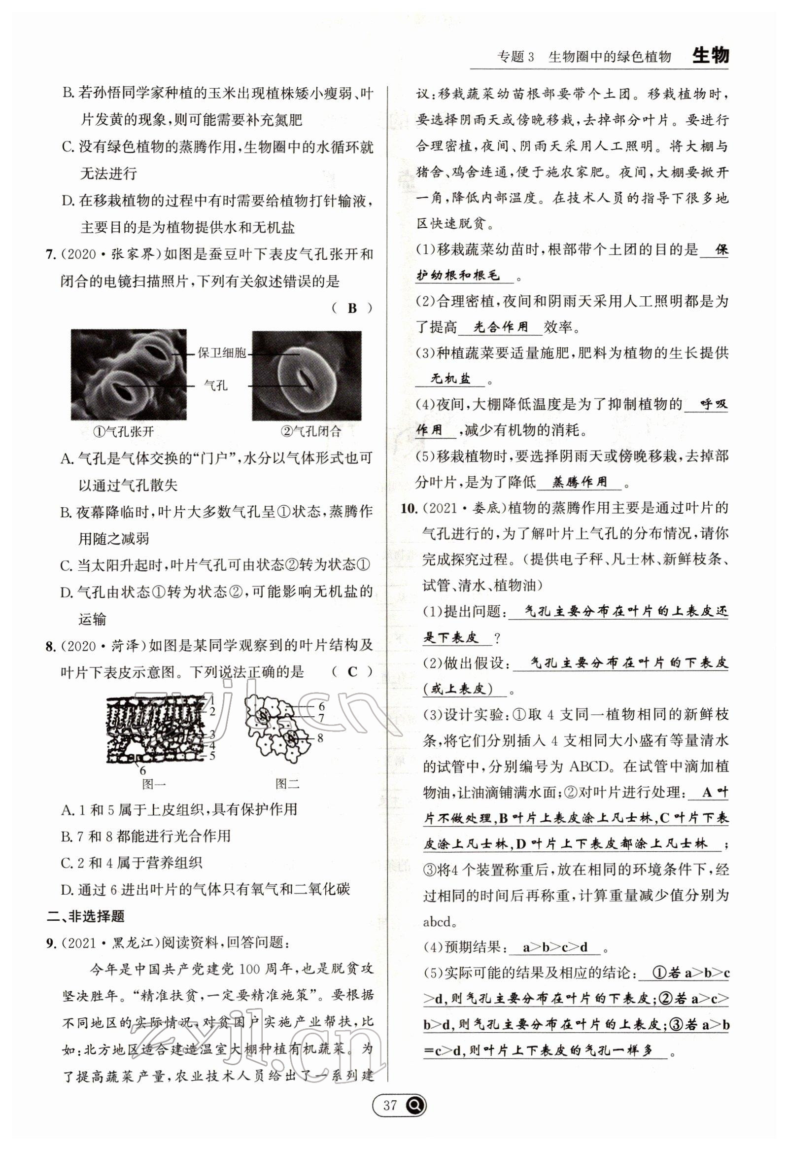 2022年试题突破中考全接触生物四川专版&nbsp;参考答案第37页
