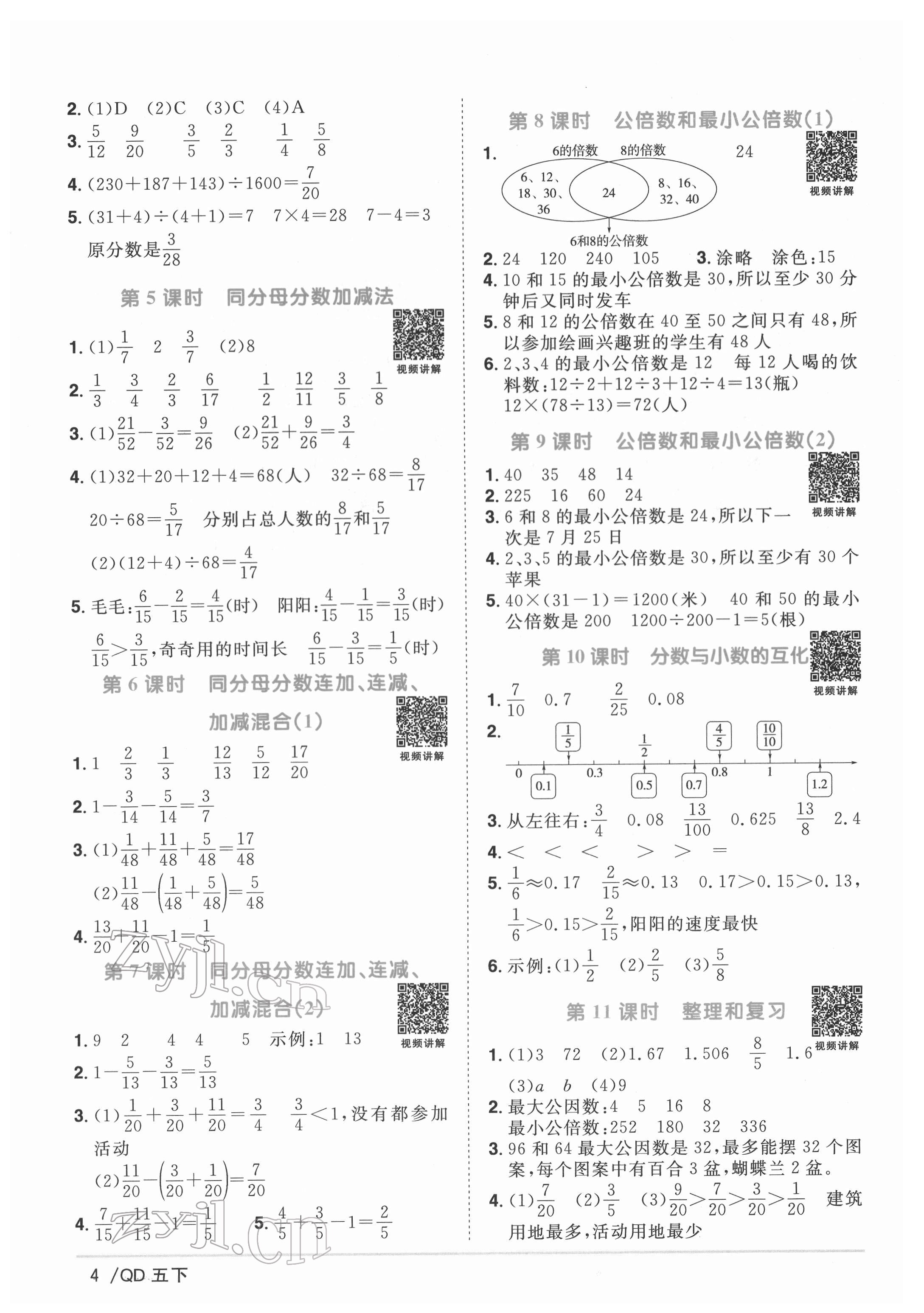 2022年陽光同學課時優(yōu)化作業(yè)五年級數(shù)學下冊青島版 參考答案第4頁