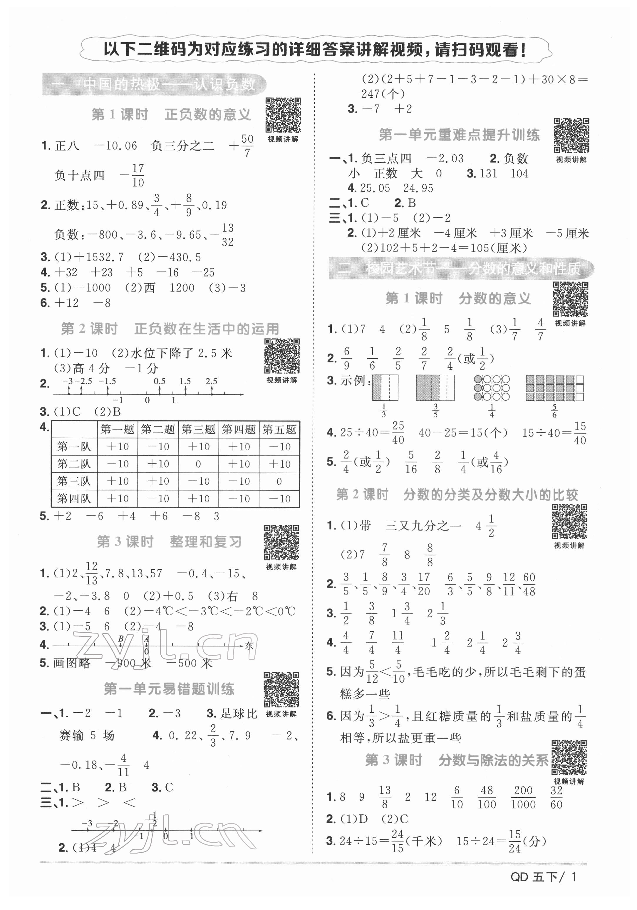 2022年阳光同学课时优化作业五年级数学下册青岛版 参考答案第1页