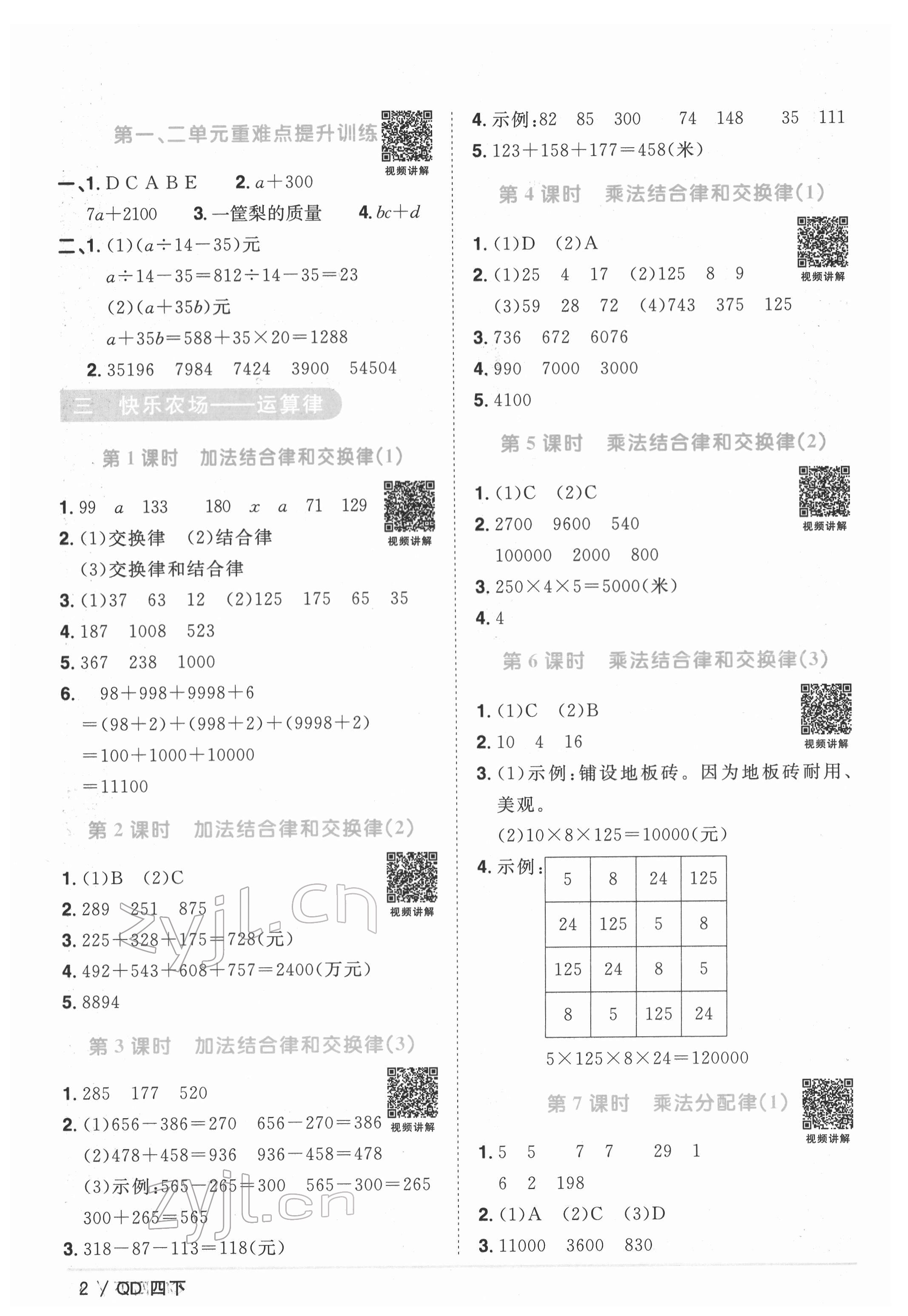 2022年陽光同學課時優(yōu)化作業(yè)四年級數(shù)學下冊青島版 參考答案第2頁