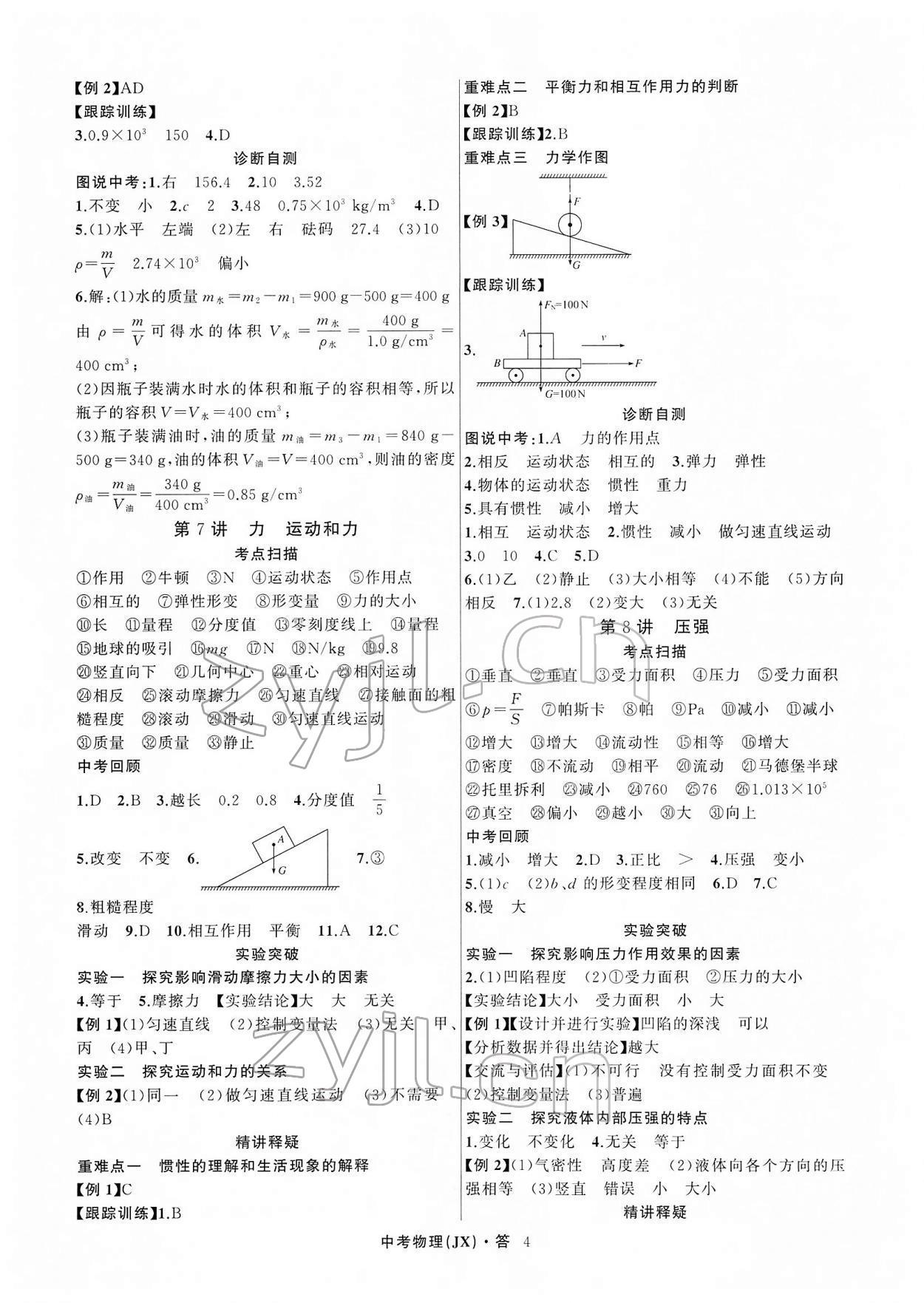 2022年名師面對(duì)面中考滿分特訓(xùn)方案物理江西專版 參考答案第4頁(yè)