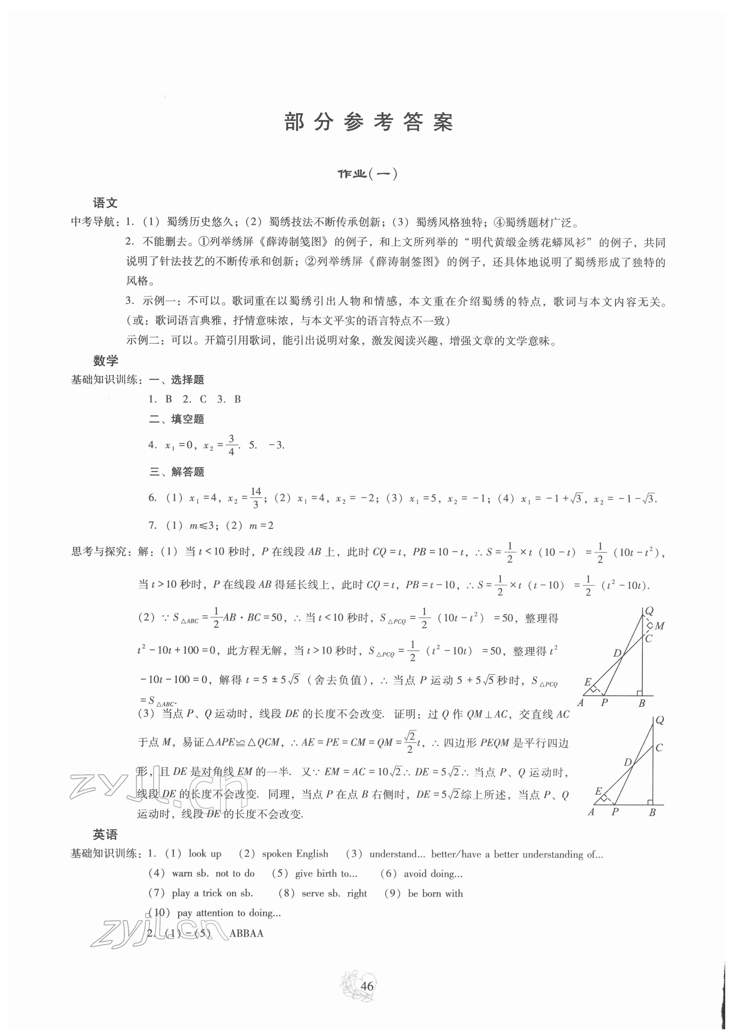 2022年新課程實踐與探究叢書寒假生活九年級 參考答案第1頁