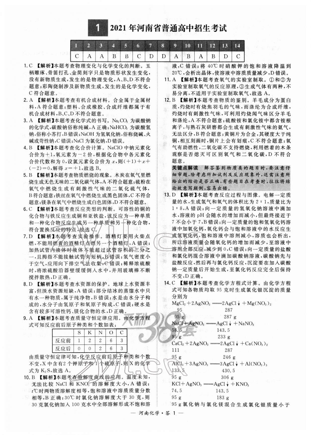 2022年天利38套中考試題精選化學(xué)中考河南專版 參考答案第1頁