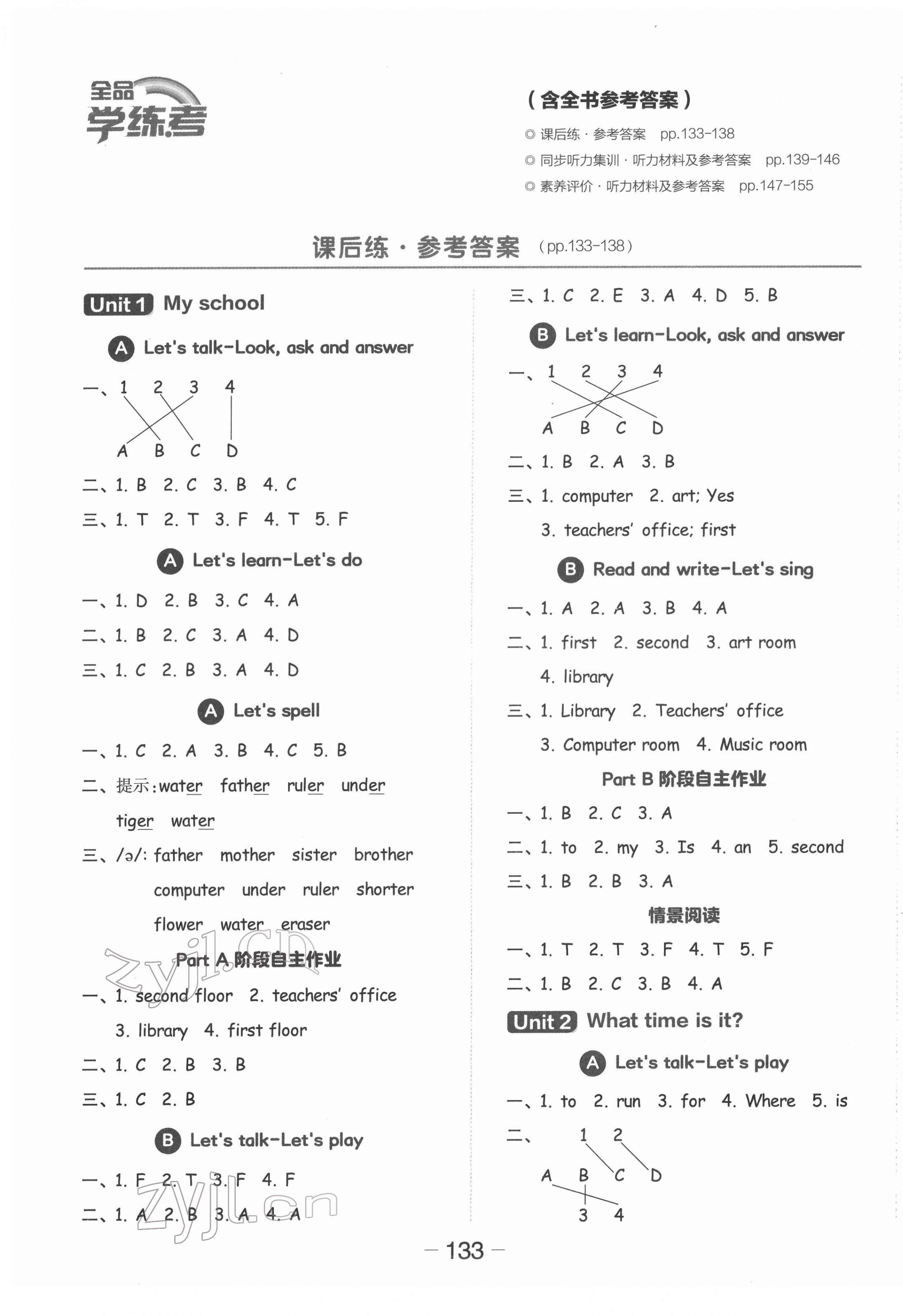 2022年全品學(xué)練考四年級(jí)英語下冊(cè)人教版 參考答案第1頁