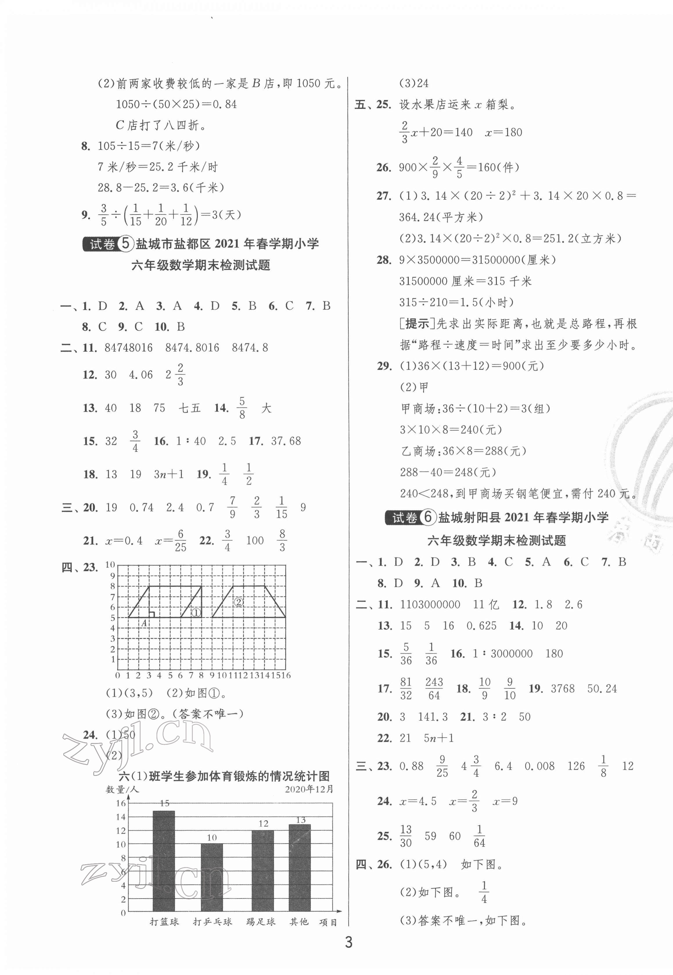 2022年盐城市小学毕业升学考试试卷精选数学 参考答案第3页