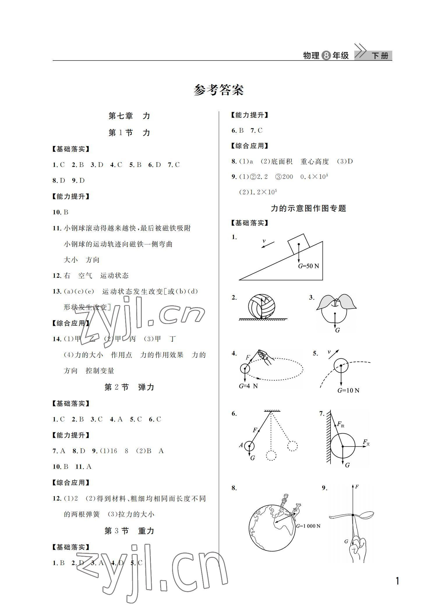 2022年課堂作業(yè)武漢出版社八年級物理下冊人教版 參考答案第1頁