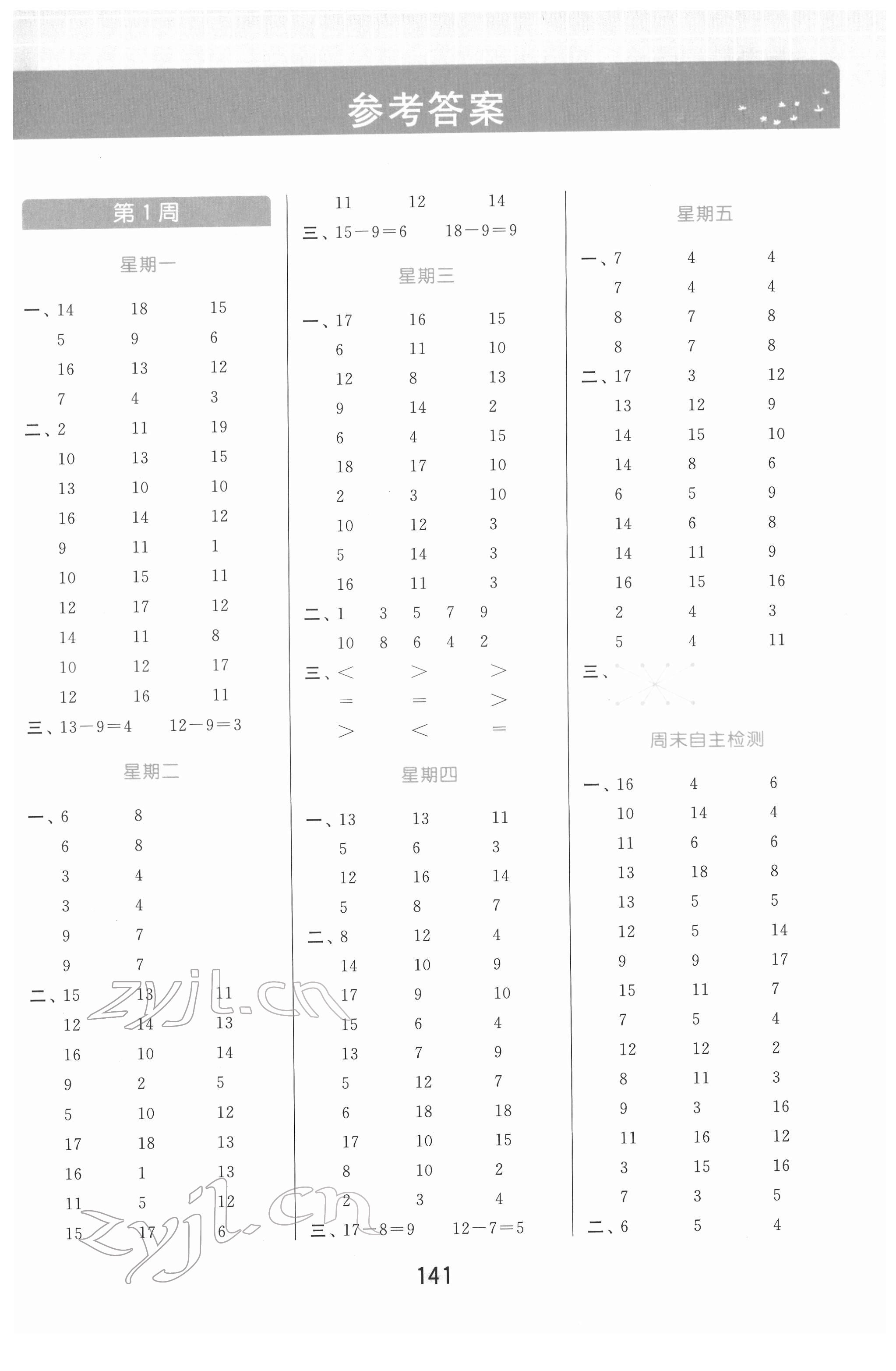 2022年亮點給力計算天天練一年級數(shù)學下冊蘇教版 第1頁