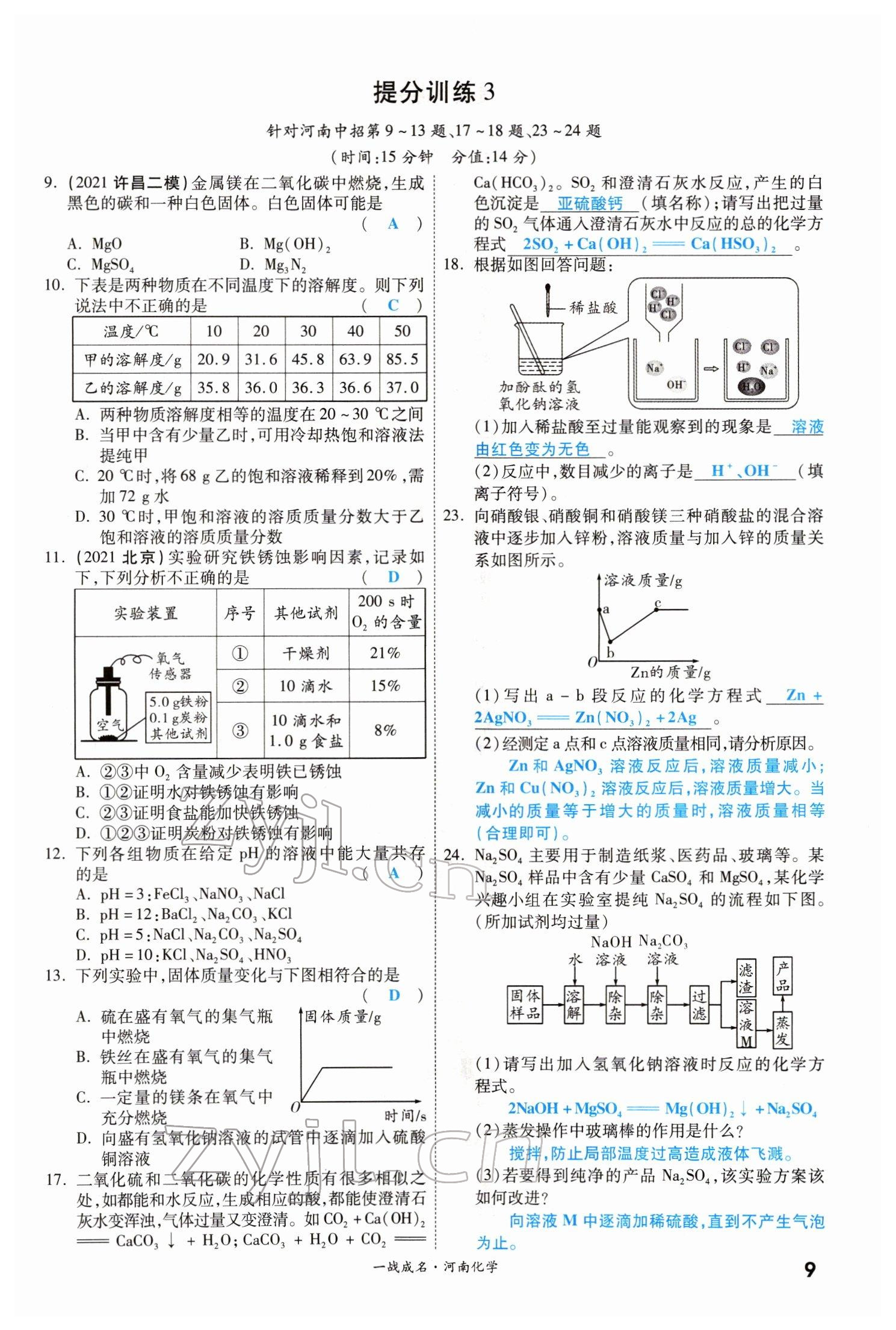 2022年一战成名考前新方案化学河南专版 参考答案第9页