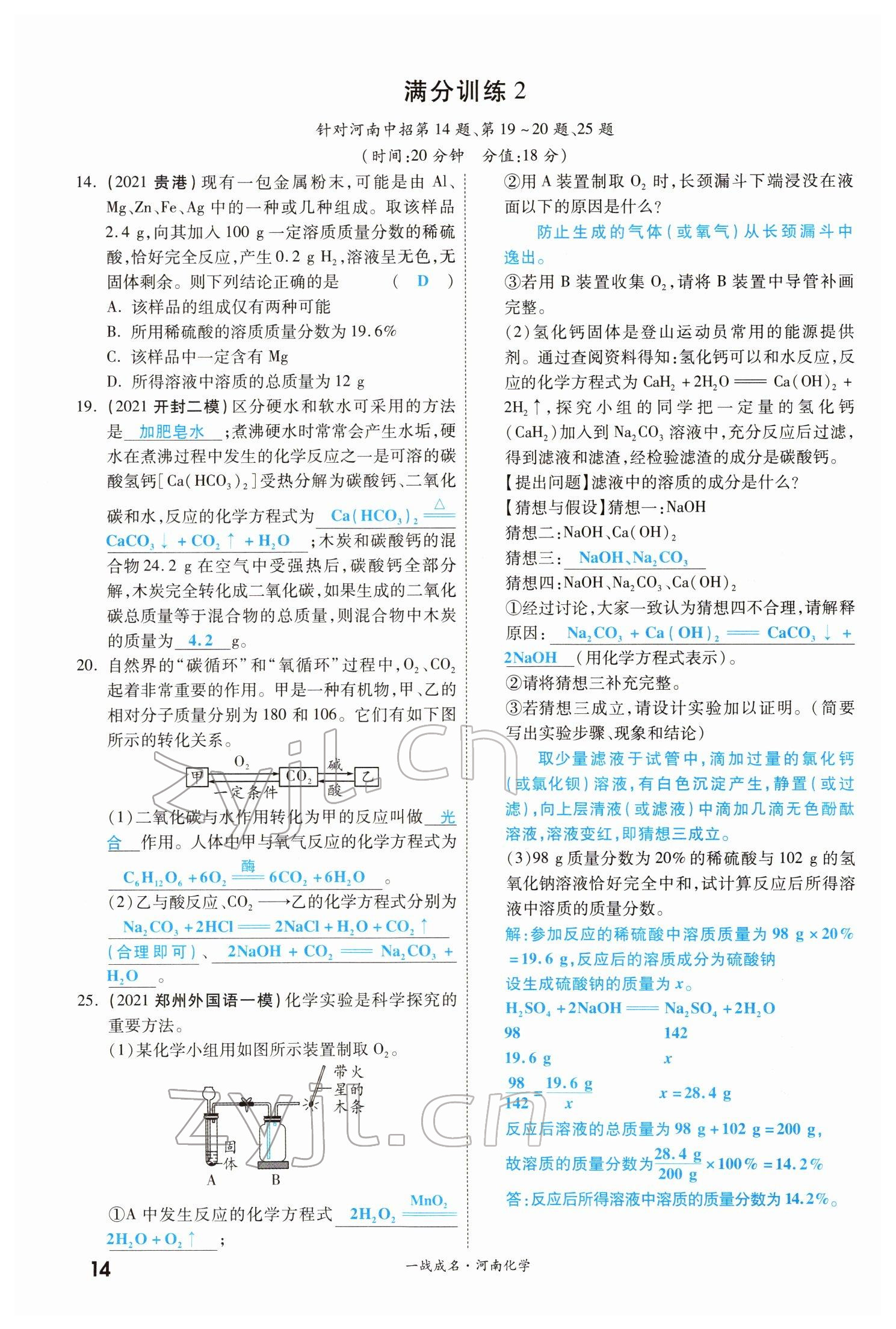 2022年一战成名考前新方案化学河南专版 参考答案第14页