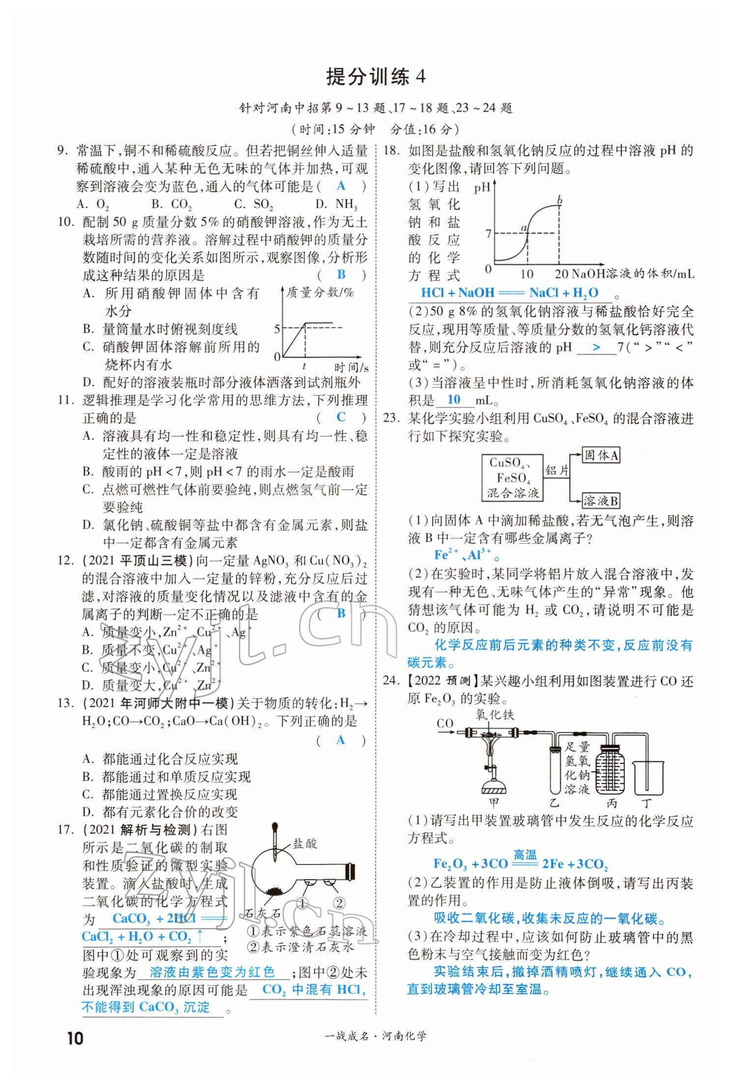2022年一战成名考前新方案化学河南专版 参考答案第10页