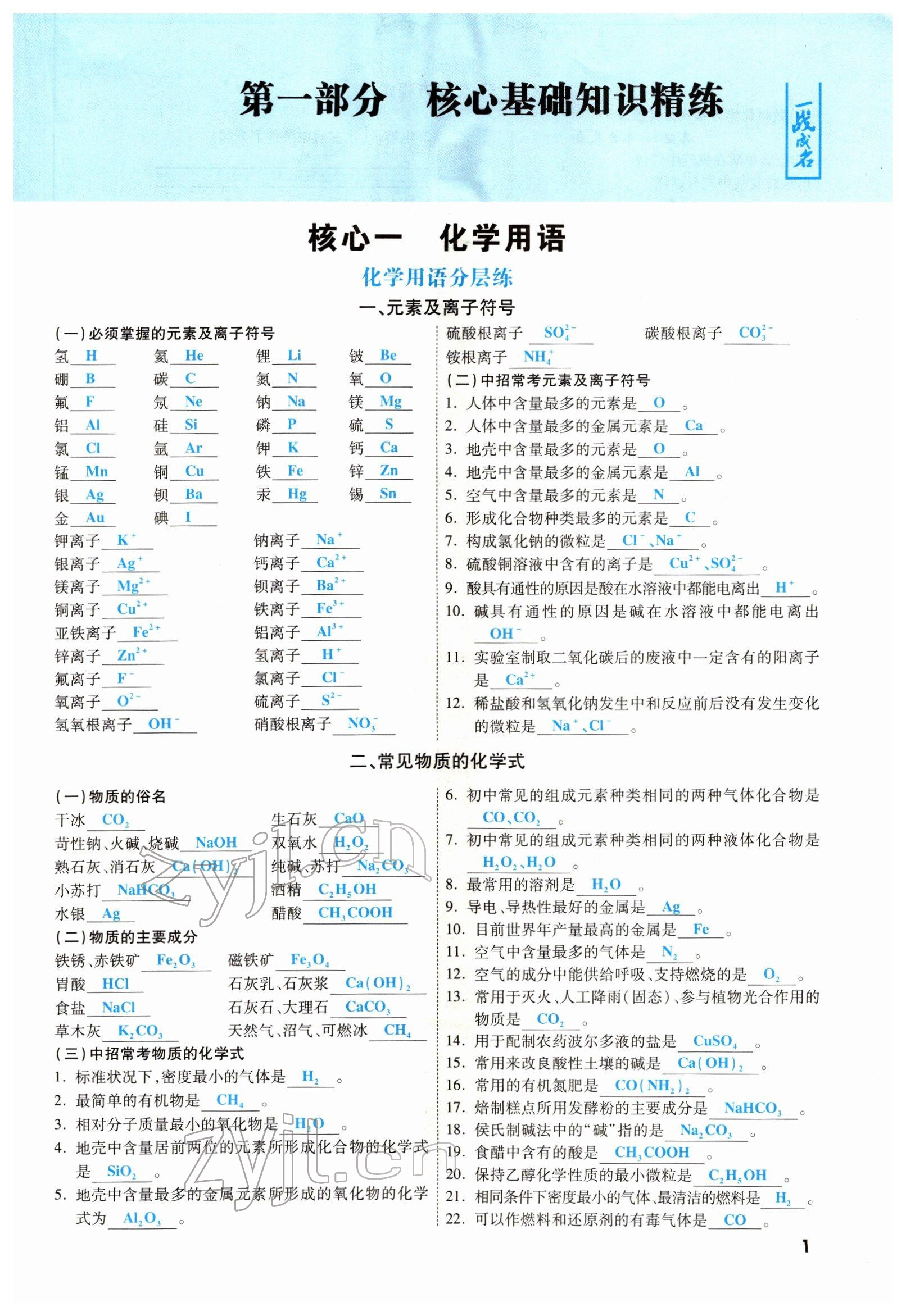 2022年一战成名考前新方案化学河南专版 参考答案第1页