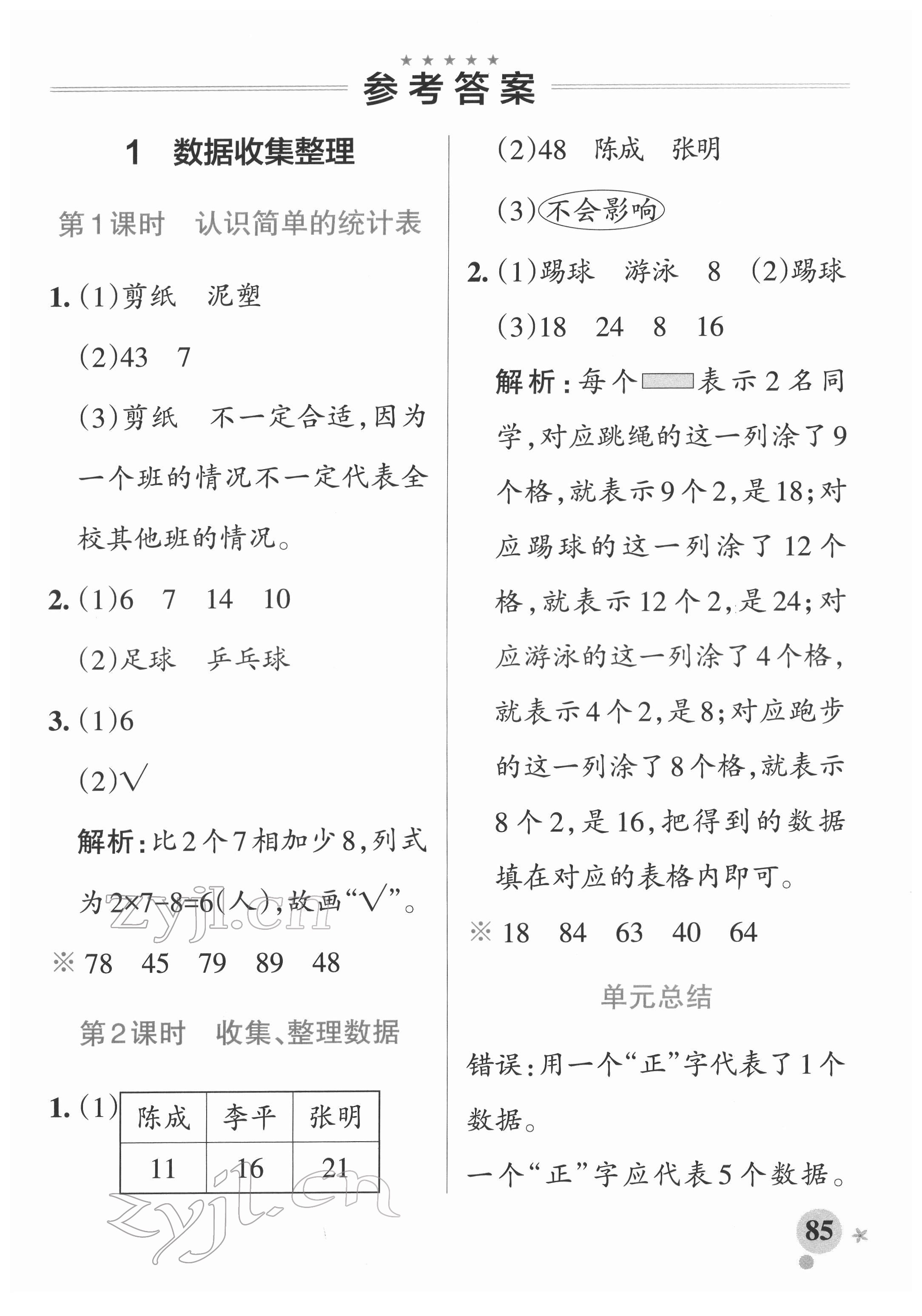 2022年小學(xué)學(xué)霸作業(yè)本二年級數(shù)學(xué)下冊人教版廣東專版 參考答案第1頁