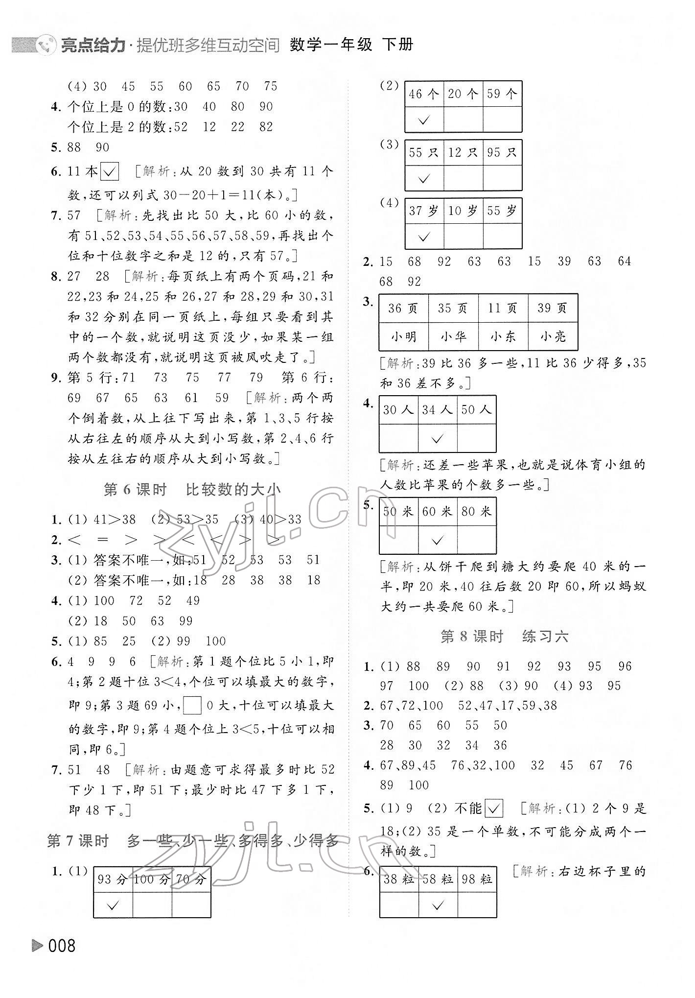 2022年亮點(diǎn)給力提優(yōu)班多維互動空間一年級數(shù)學(xué)下冊蘇教版 參考答案第8頁