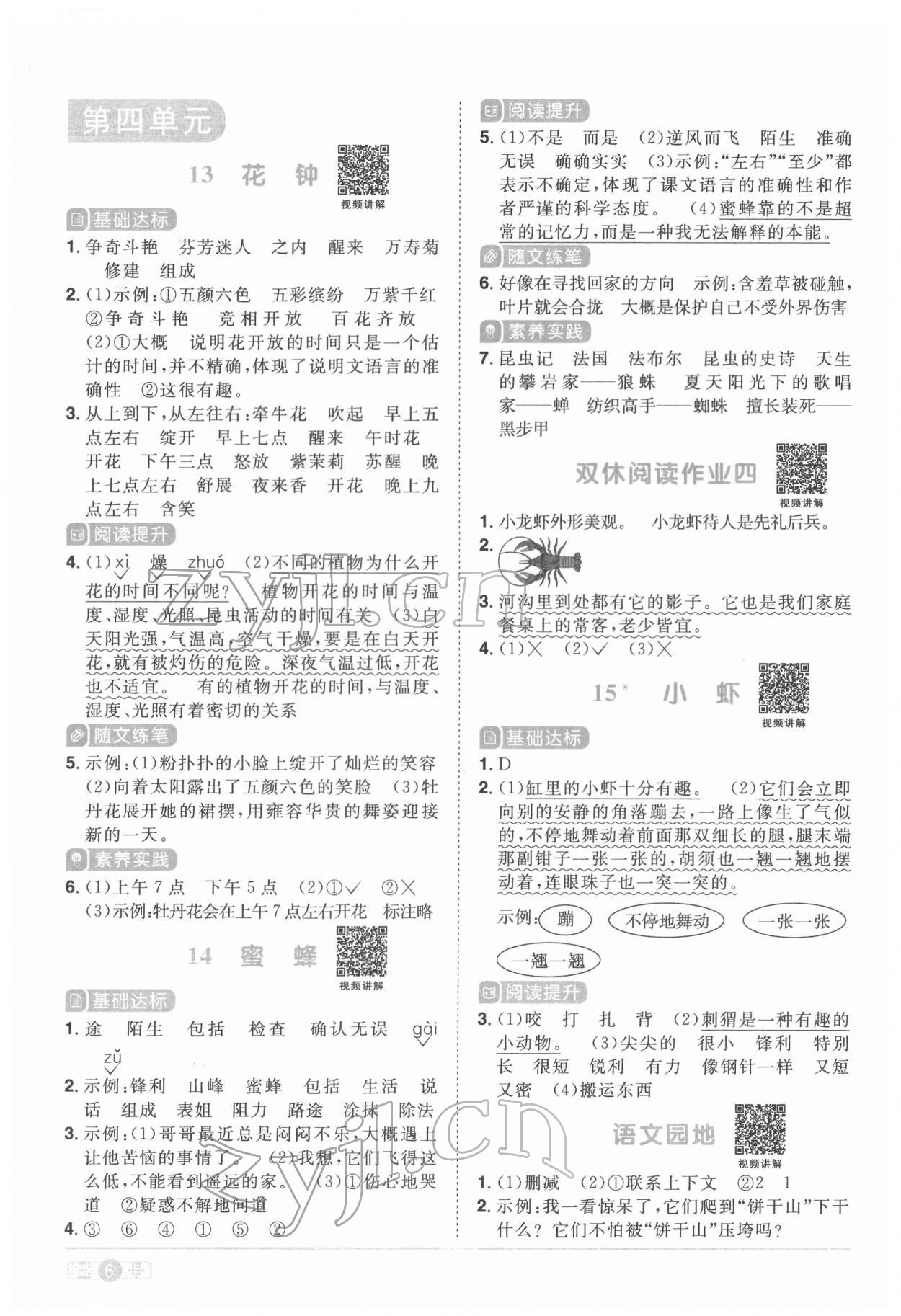 2022年阳光同学课时优化作业三年级语文下册人教版菏泽专版 参考答案第6页