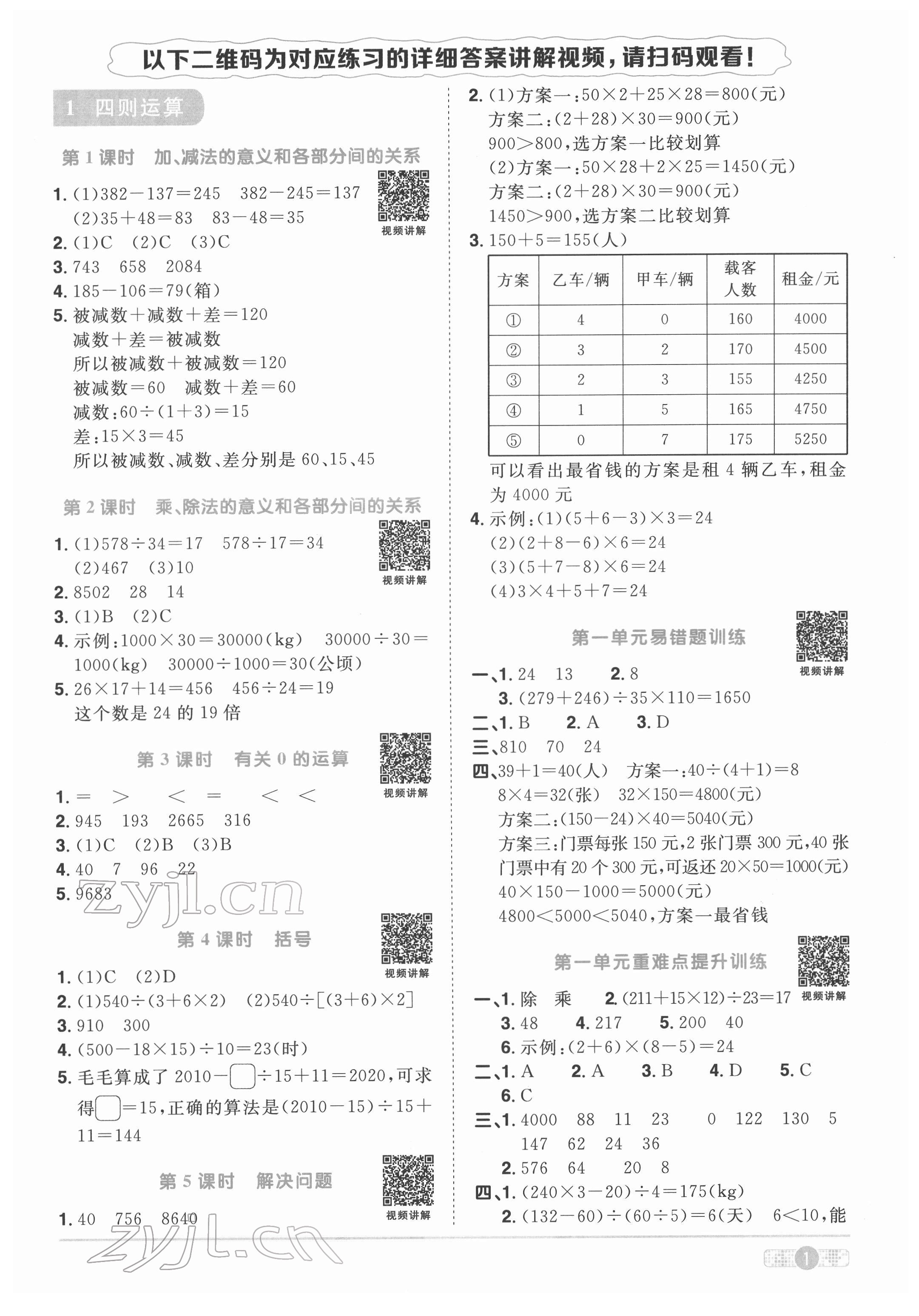 2022年陽光同學(xué)課時優(yōu)化作業(yè)四年級數(shù)學(xué)下冊人教版菏澤專版 參考答案第1頁