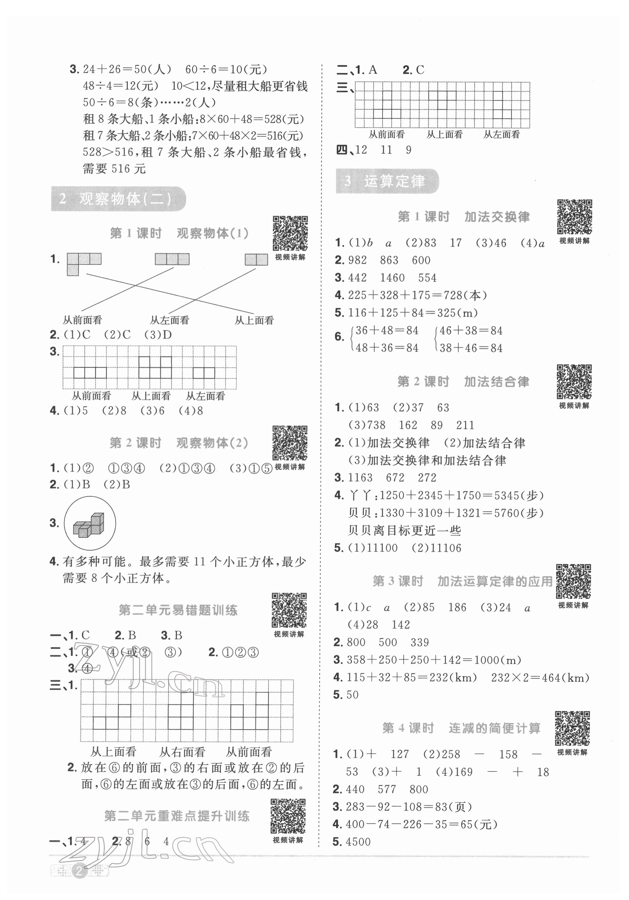 2022年阳光同学课时优化作业四年级数学下册人教版菏泽专版 参考答案第2页