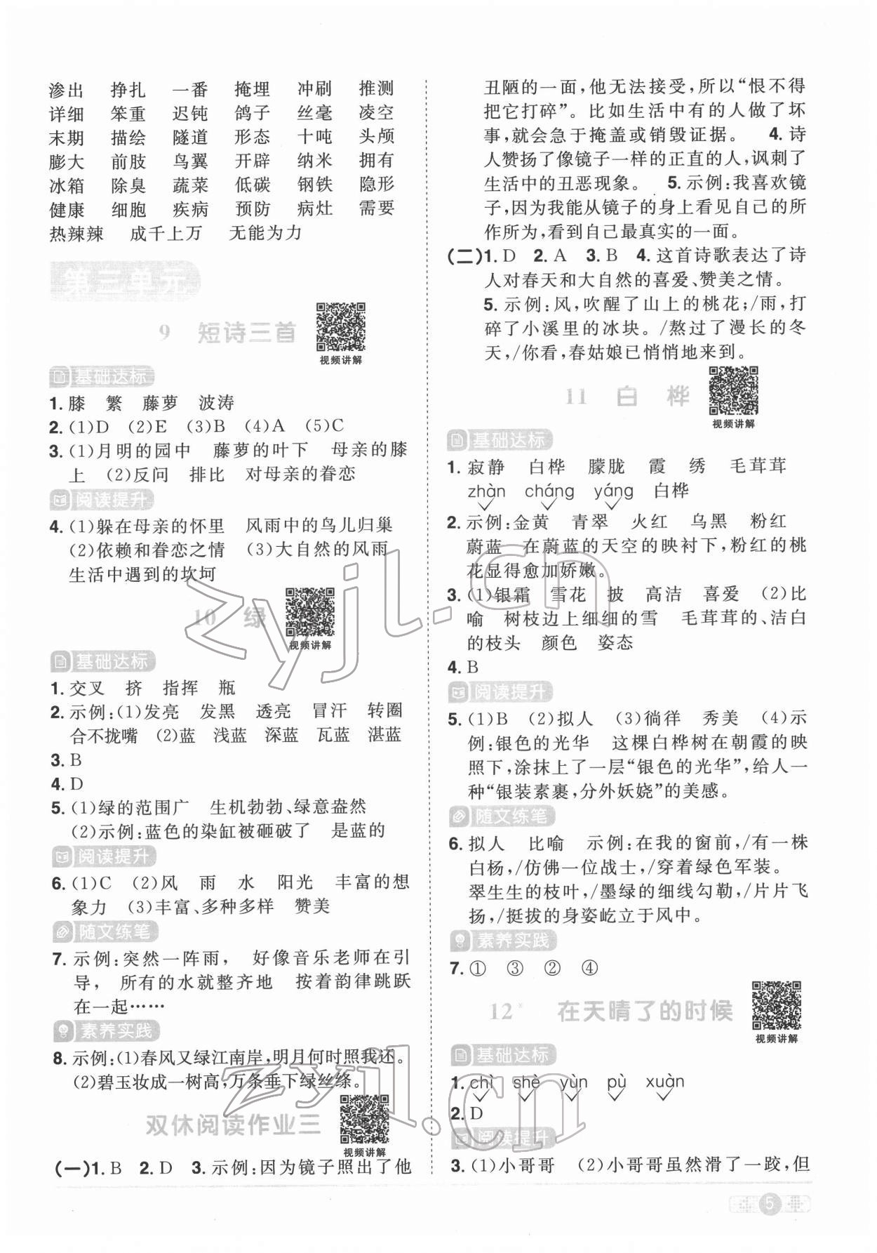 2022年阳光同学课时优化作业四年级语文下册人教版菏泽专版 参考答案第5页