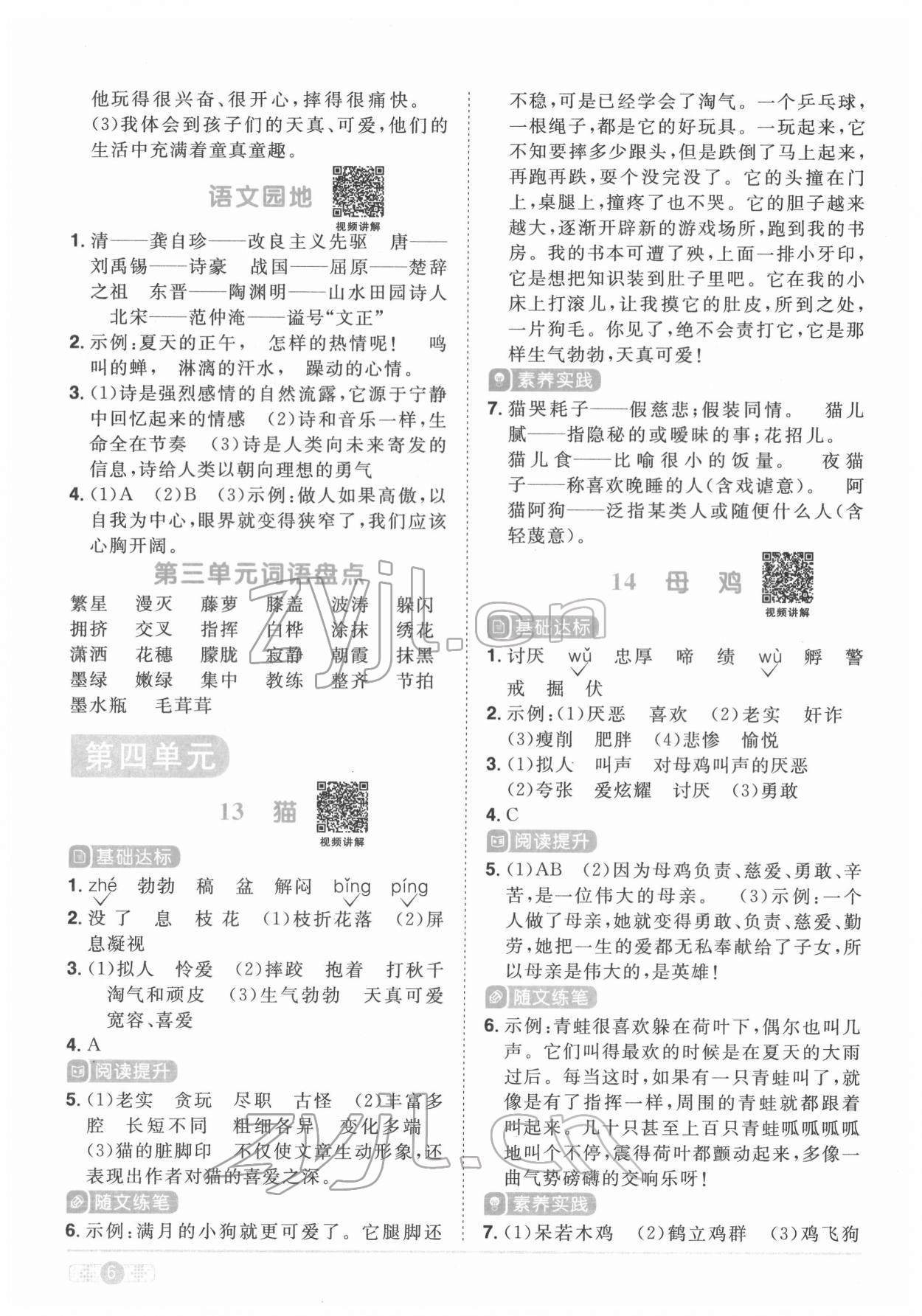 2022年阳光同学课时优化作业四年级语文下册人教版菏泽专版 参考答案第6页