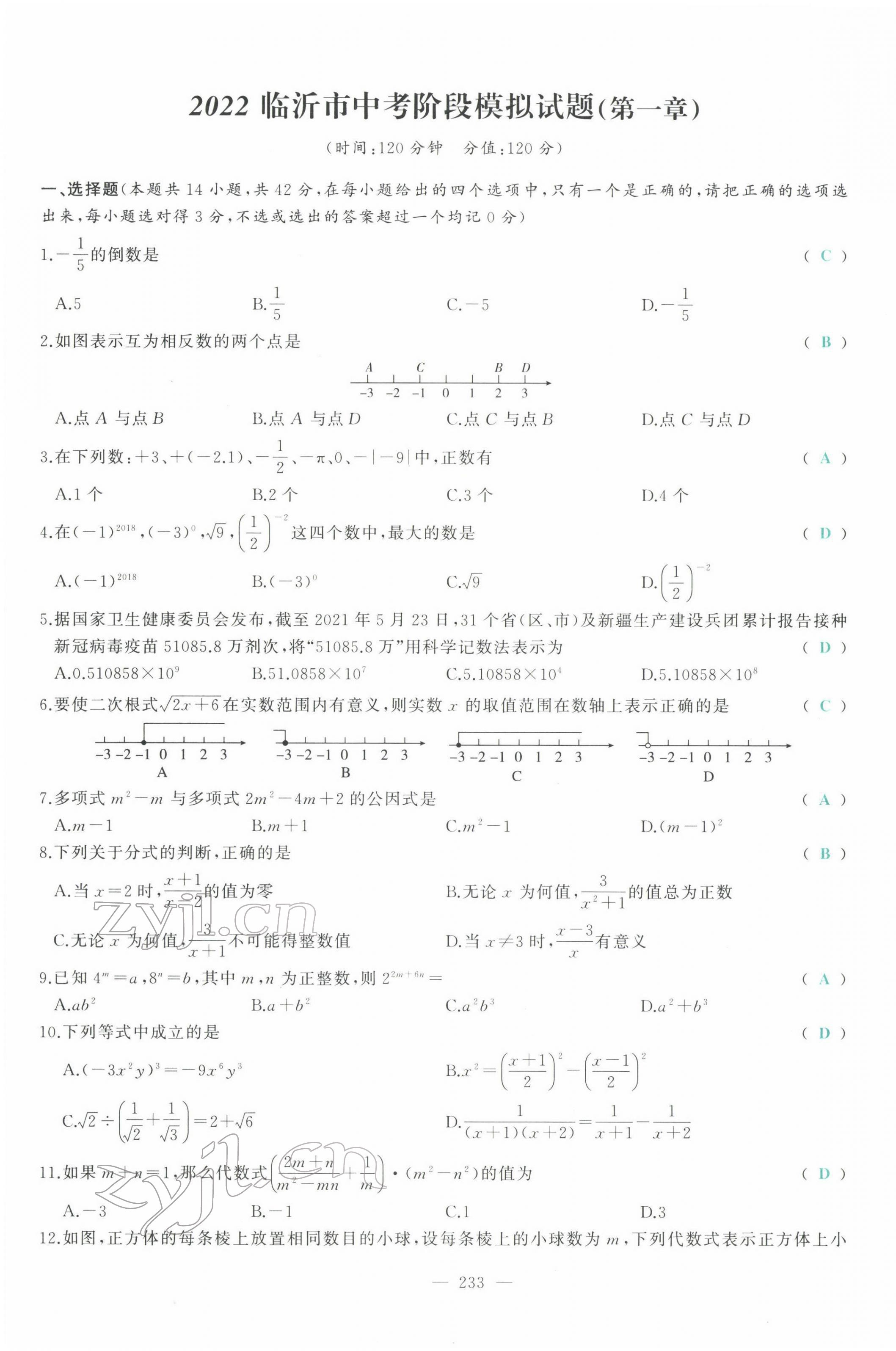 2022年智慧大課堂學業(yè)總復習全程精練數學臨沂專版 參考答案第1頁