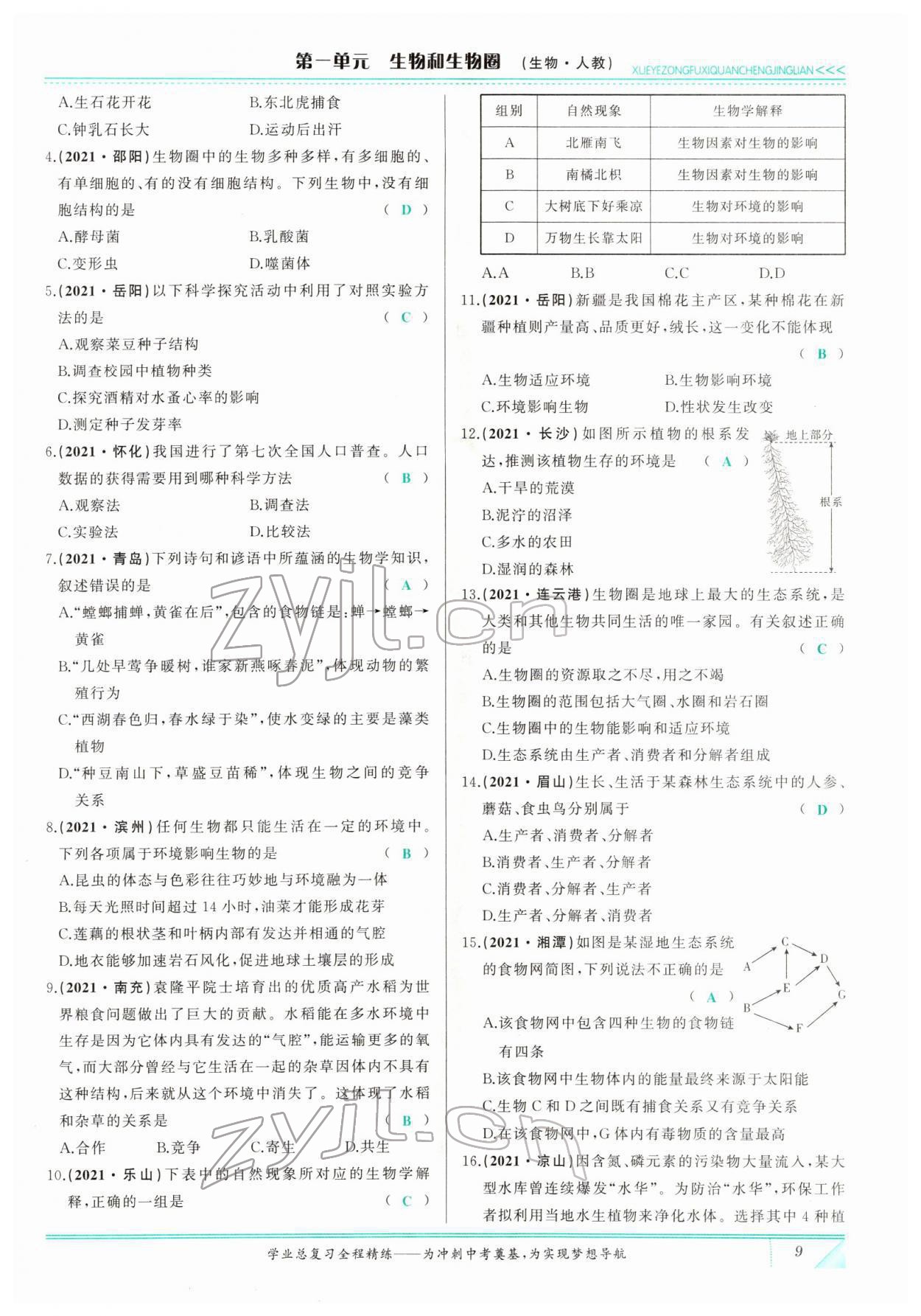 2022年智慧大課堂學業總復習全程精練生物 參考答案第9頁