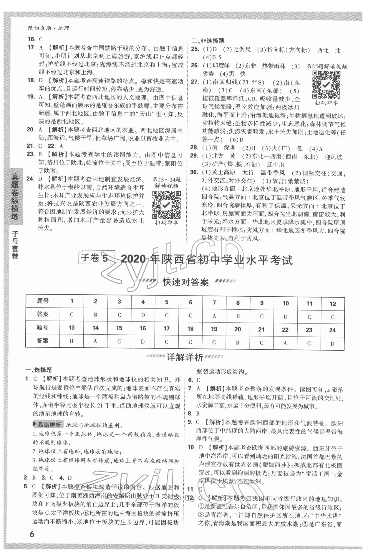 2022年萬唯中考真題地理人教版陜西專版 參考答案第6頁