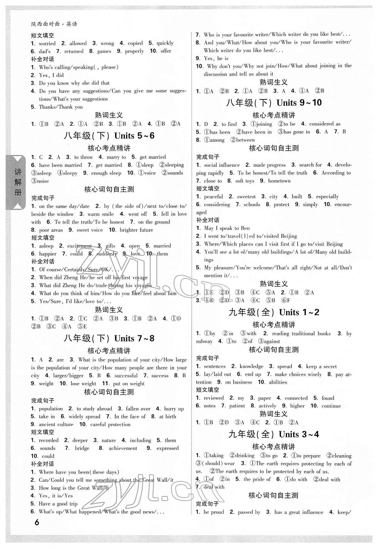 2022年陜西中考面對(duì)面英語(yǔ) 參考答案第5頁(yè)