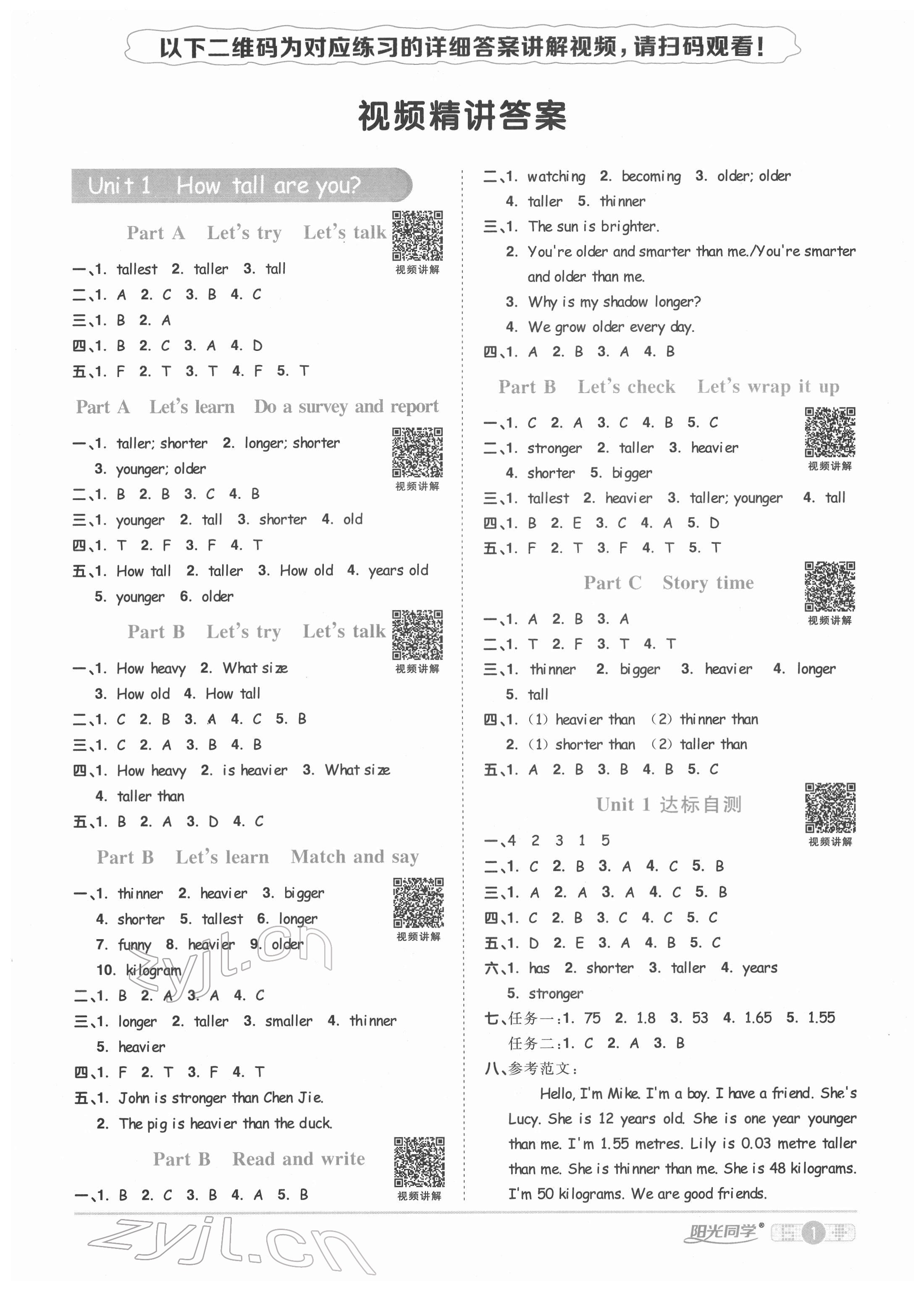 2022年陽光同學課時優(yōu)化作業(yè)六年級英語下冊人教版菏澤專版 參考答案第1頁