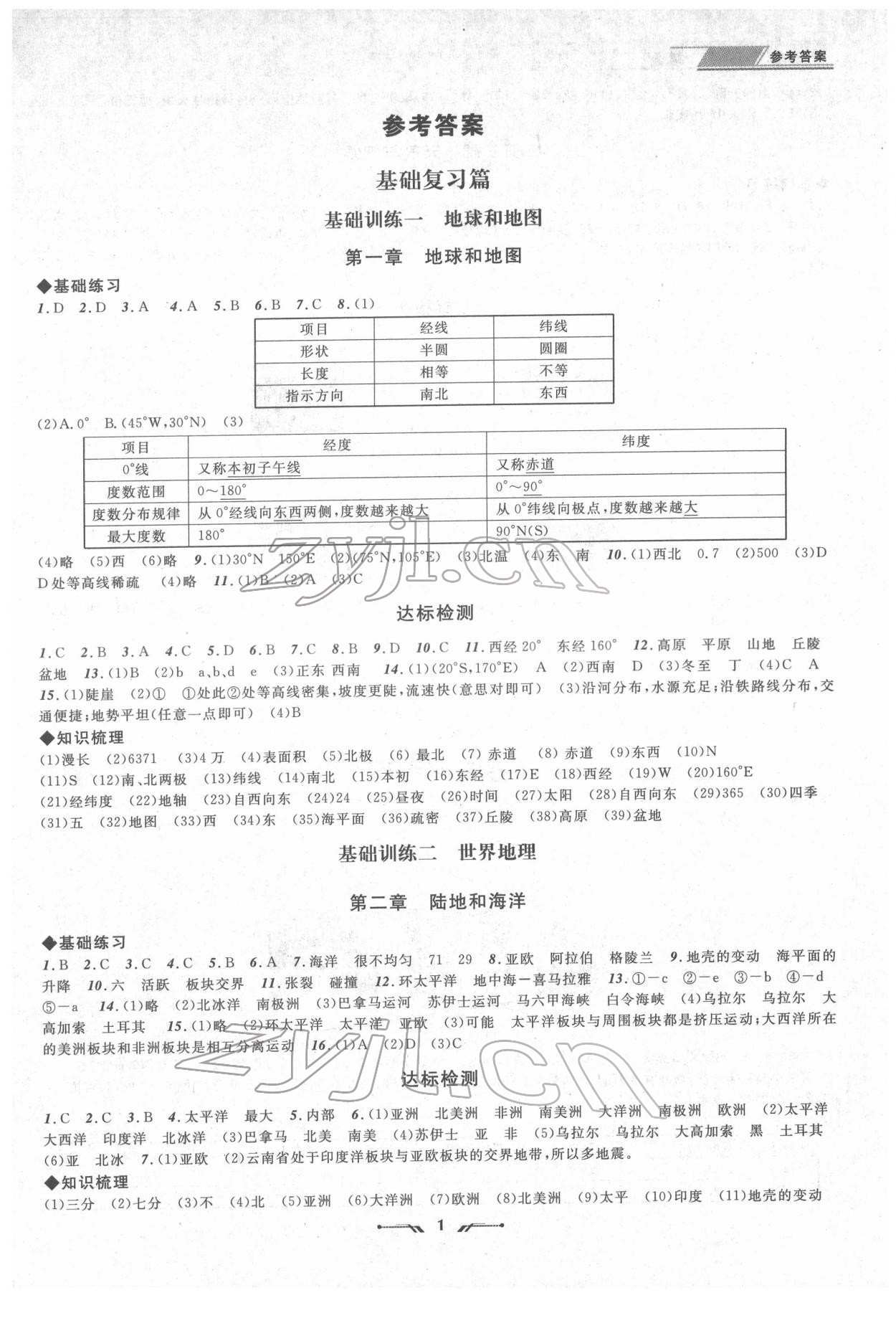 2022年中考全程復(fù)習(xí)訓(xùn)練地理大連專版 參考答案第1頁