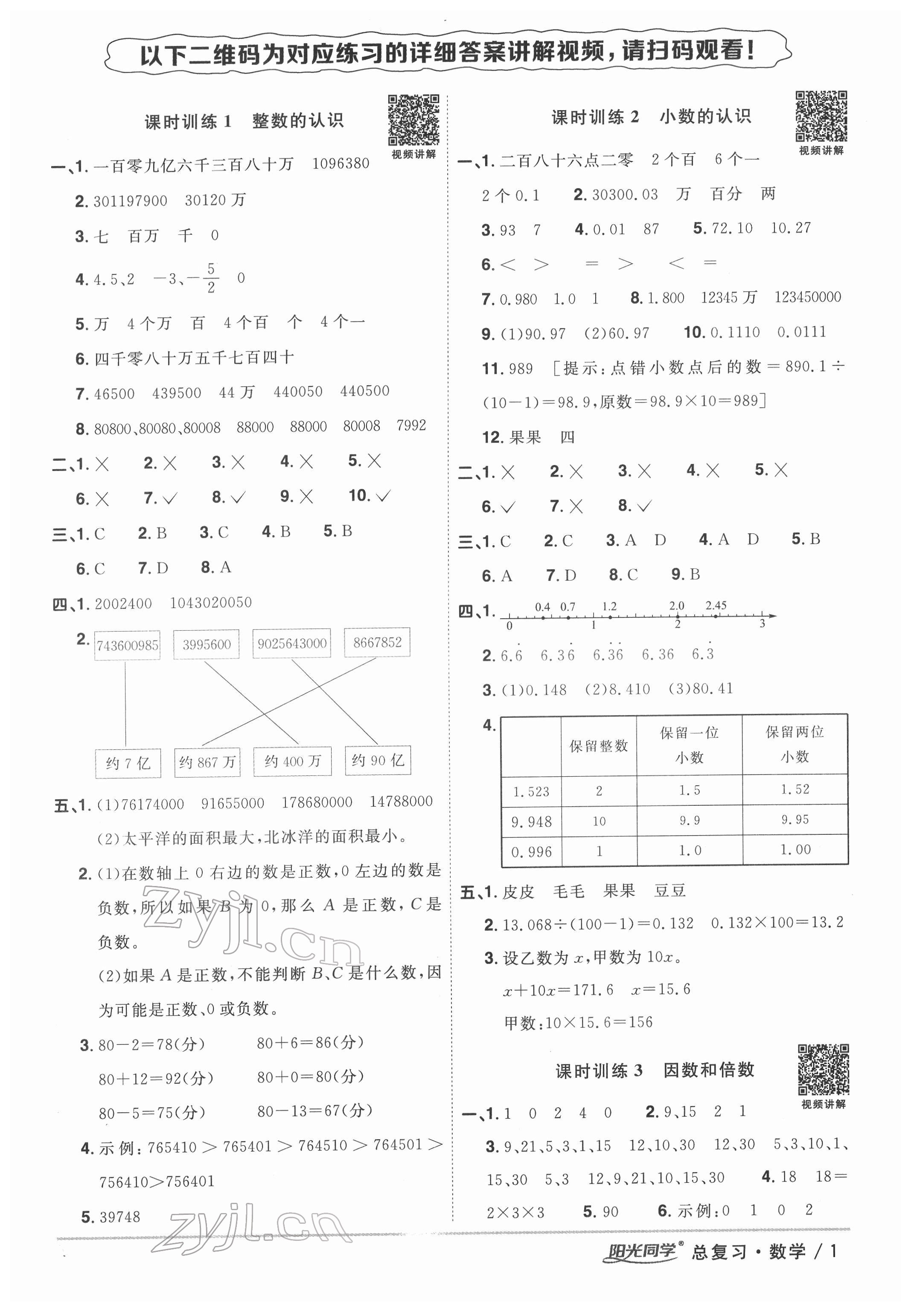 2022年陽光同學小學畢業(yè)升學系統(tǒng)總復習六年級數(shù)學浙江專版 參考答案第1頁