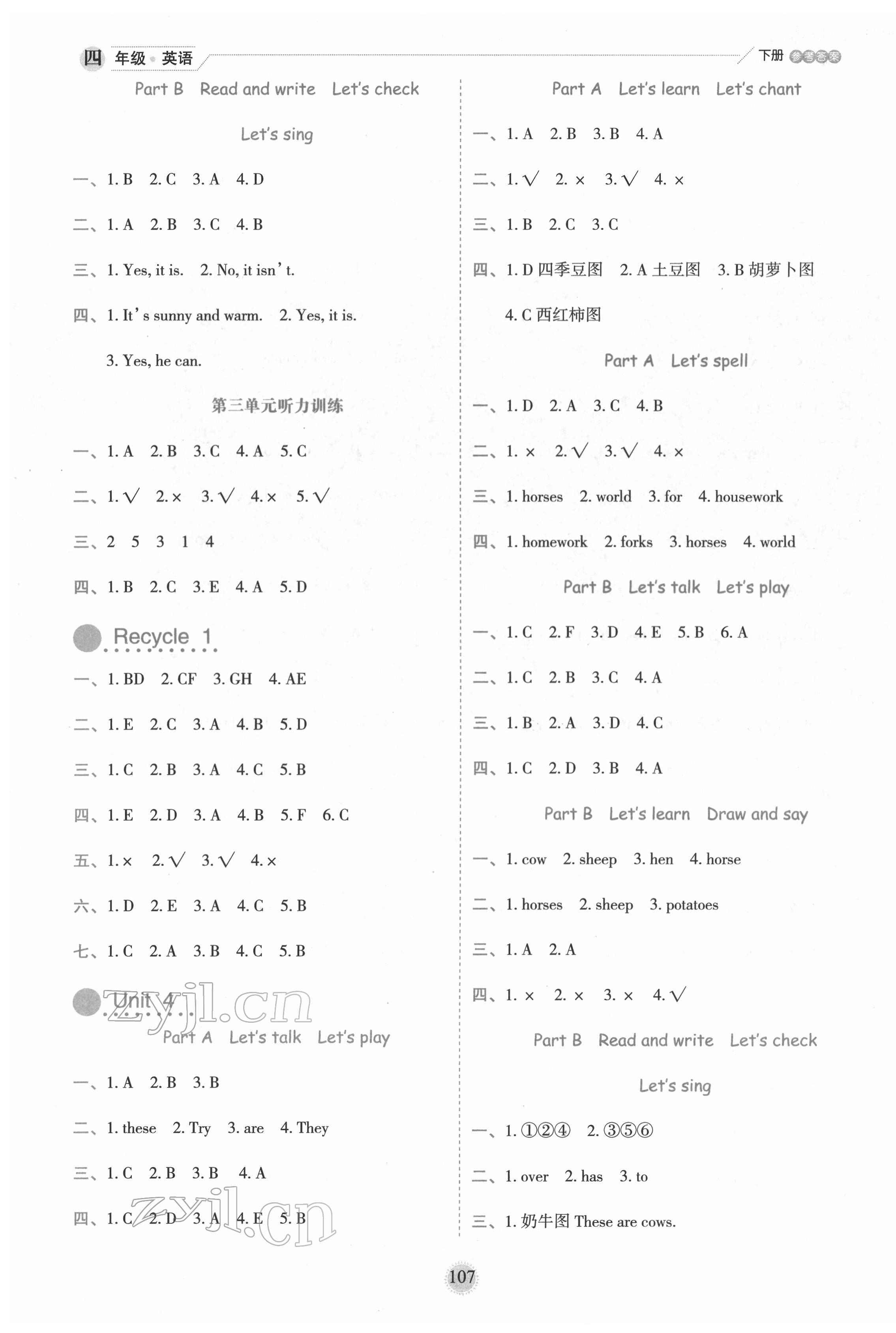 2022年優(yōu)秀生作業(yè)本四年級(jí)英語(yǔ)下冊(cè)人教PEP版 參考答案第3頁(yè)