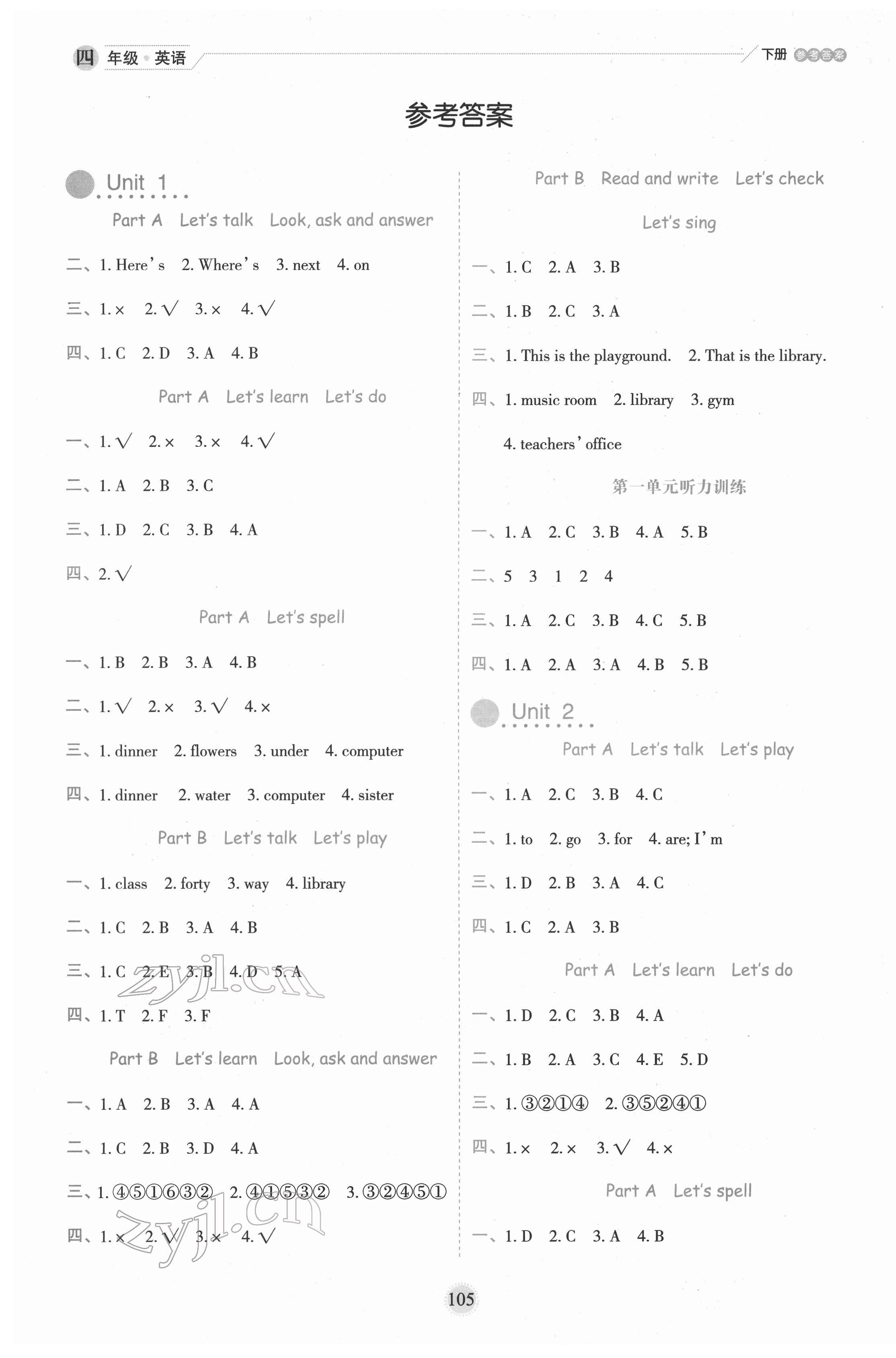 2022年優(yōu)秀生作業(yè)本四年級(jí)英語(yǔ)下冊(cè)人教PEP版 參考答案第1頁(yè)