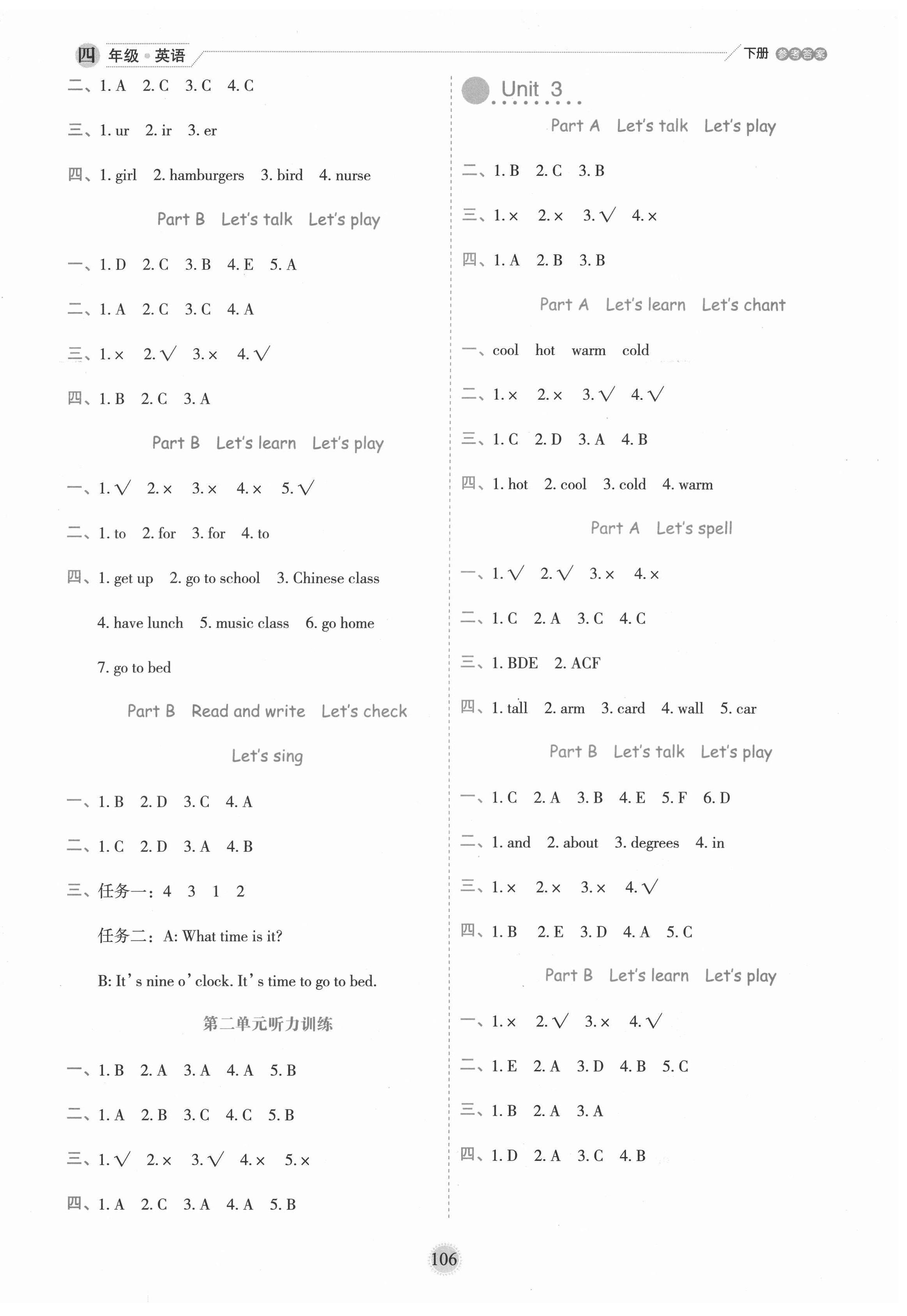 2022年優(yōu)秀生作業(yè)本四年級(jí)英語下冊(cè)人教PEP版 參考答案第2頁