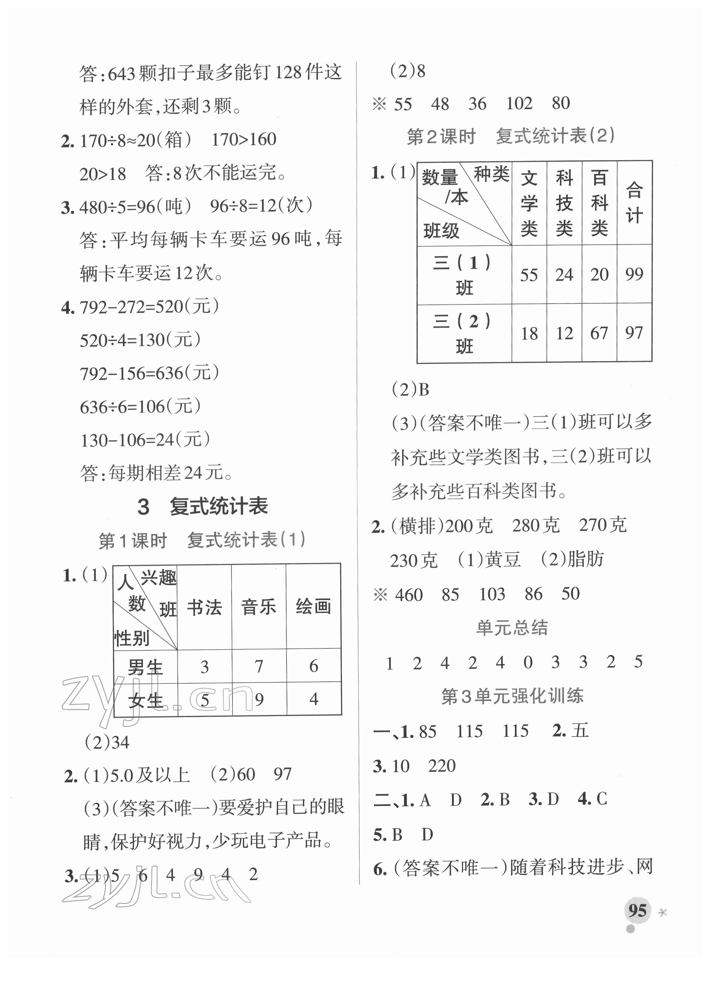 2022年小學(xué)學(xué)霸作業(yè)本三年級數(shù)學(xué)下冊人教版 參考答案第11頁