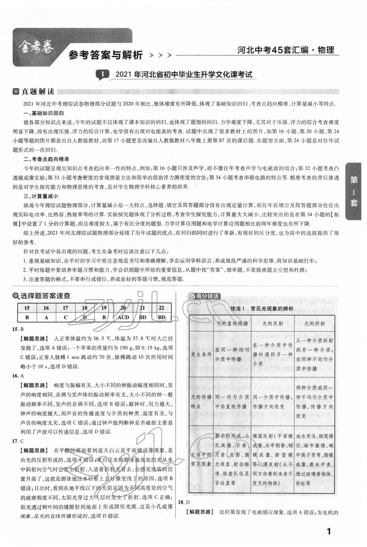 2022年金考卷45套汇编物理河北专版 参考答案第1页