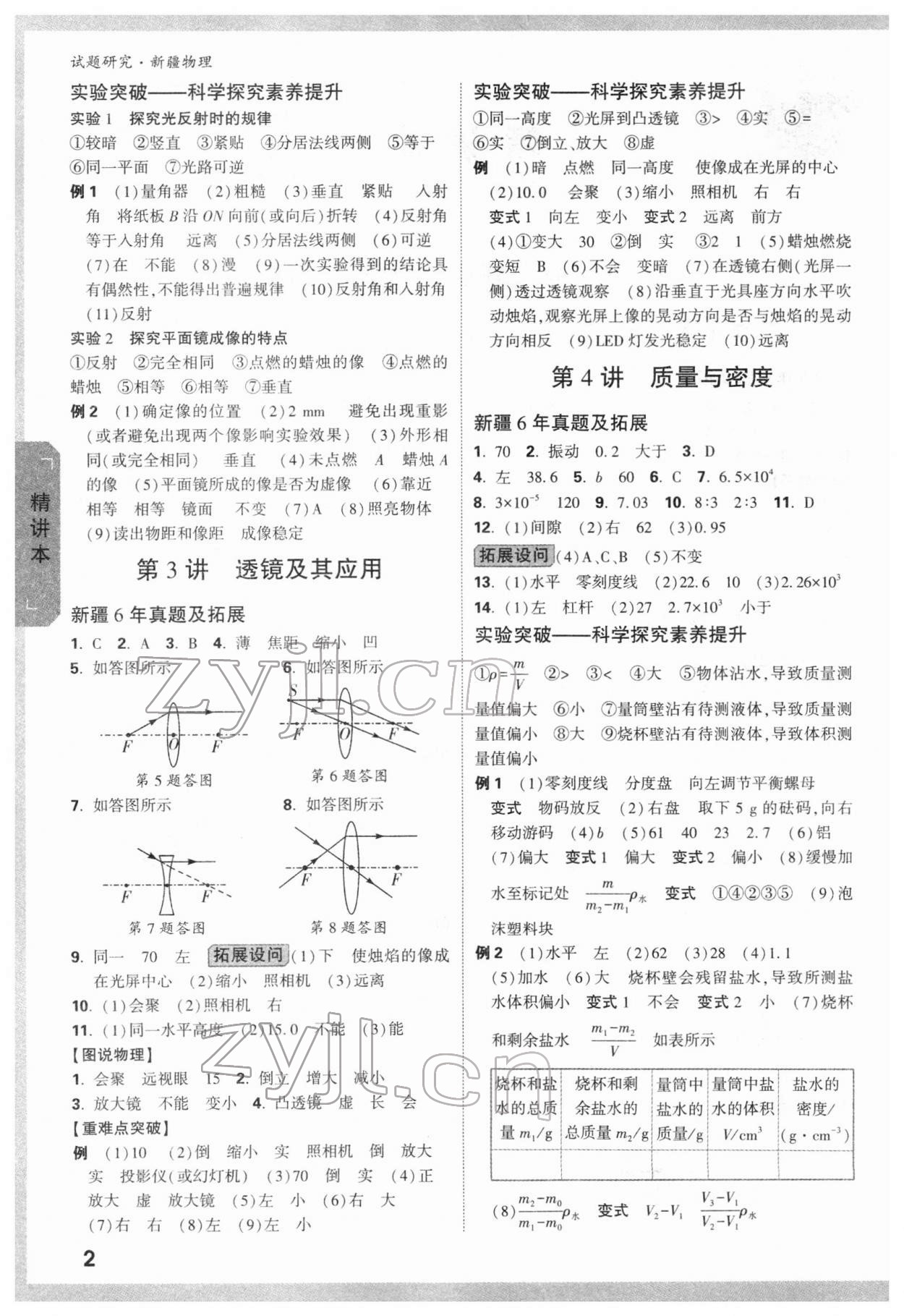 2022年万唯中考试题研究物理新疆专版&nbsp;参考答案第2页