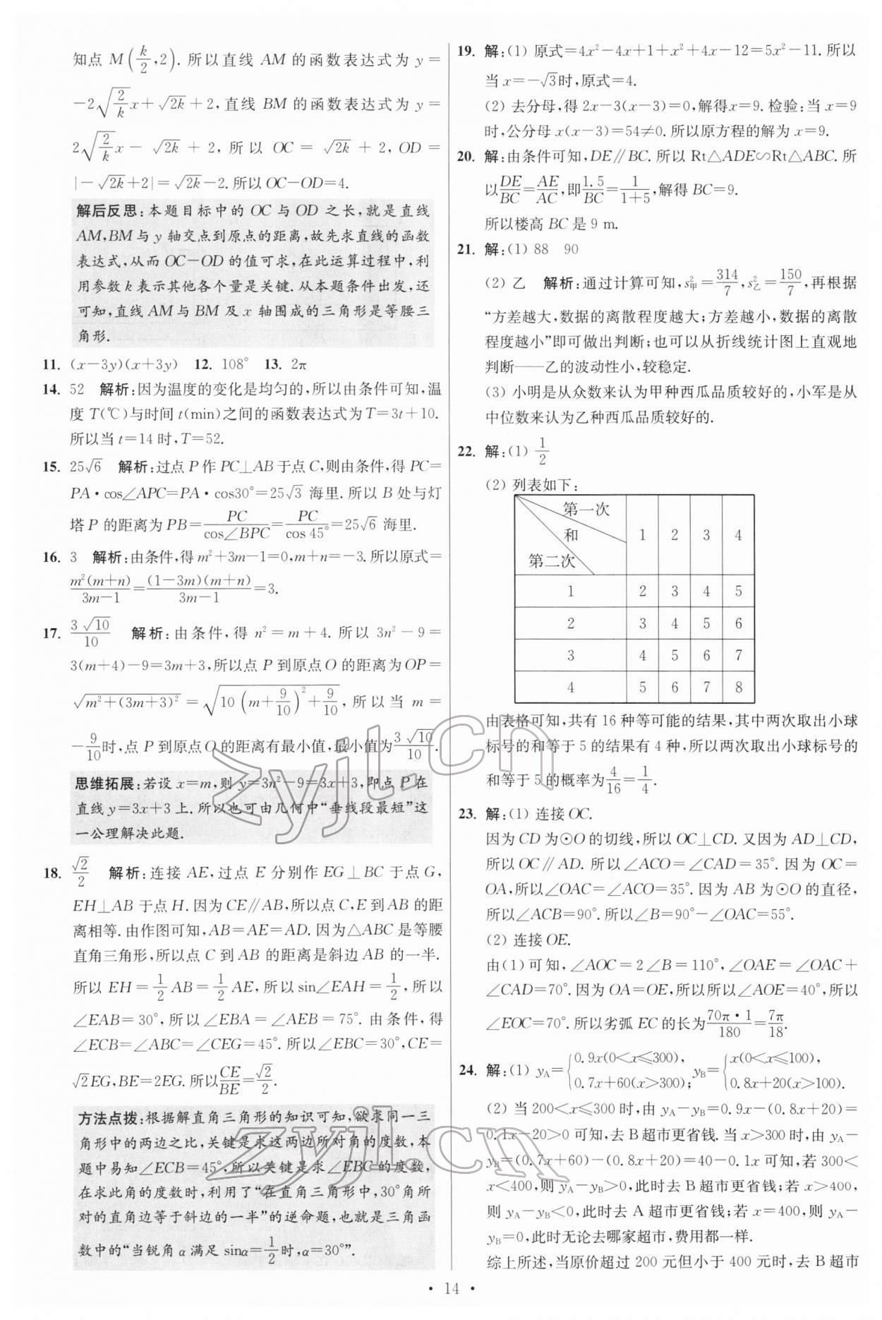 2022年江苏13大市中考试卷与标准模拟优化38套数学 参考答案第14页