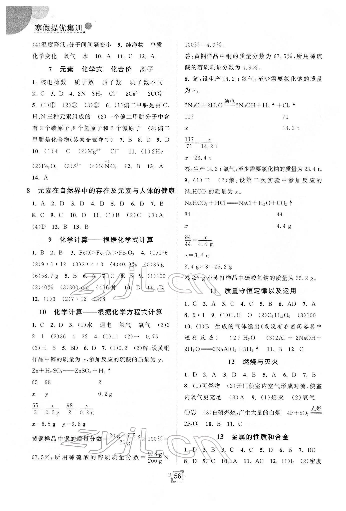 2022年寒假提優(yōu)集訓(xùn)20天九年級化學(xué)滬教版 參考答案第2頁