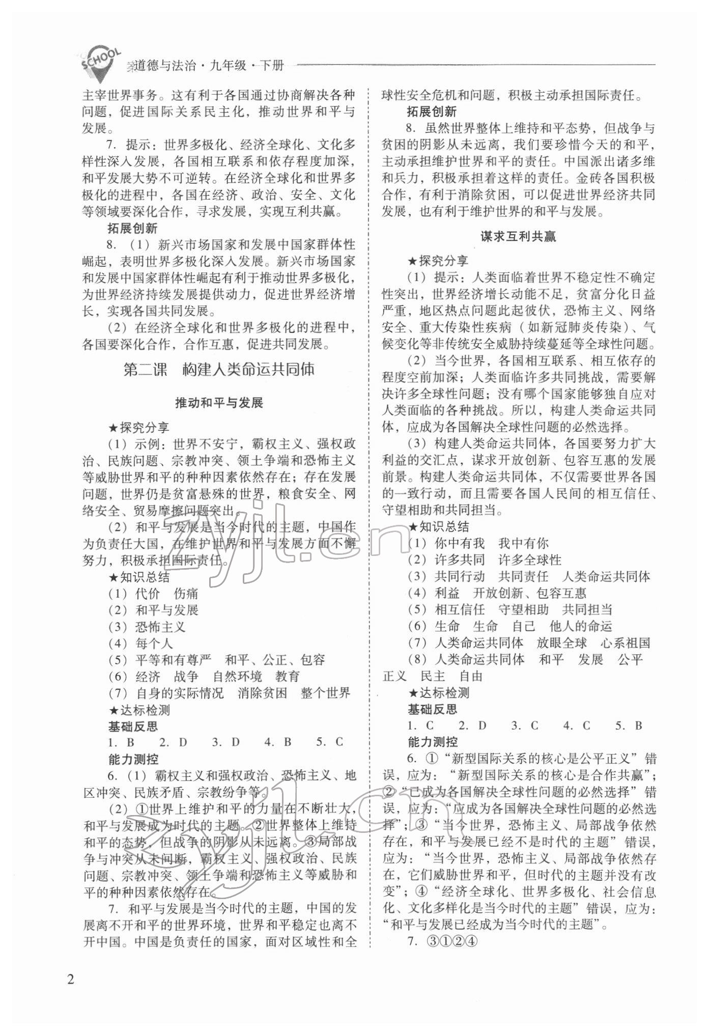 2022年新课程问题解决导学方案九年级道德与法治下册人教版 参考答案第2页