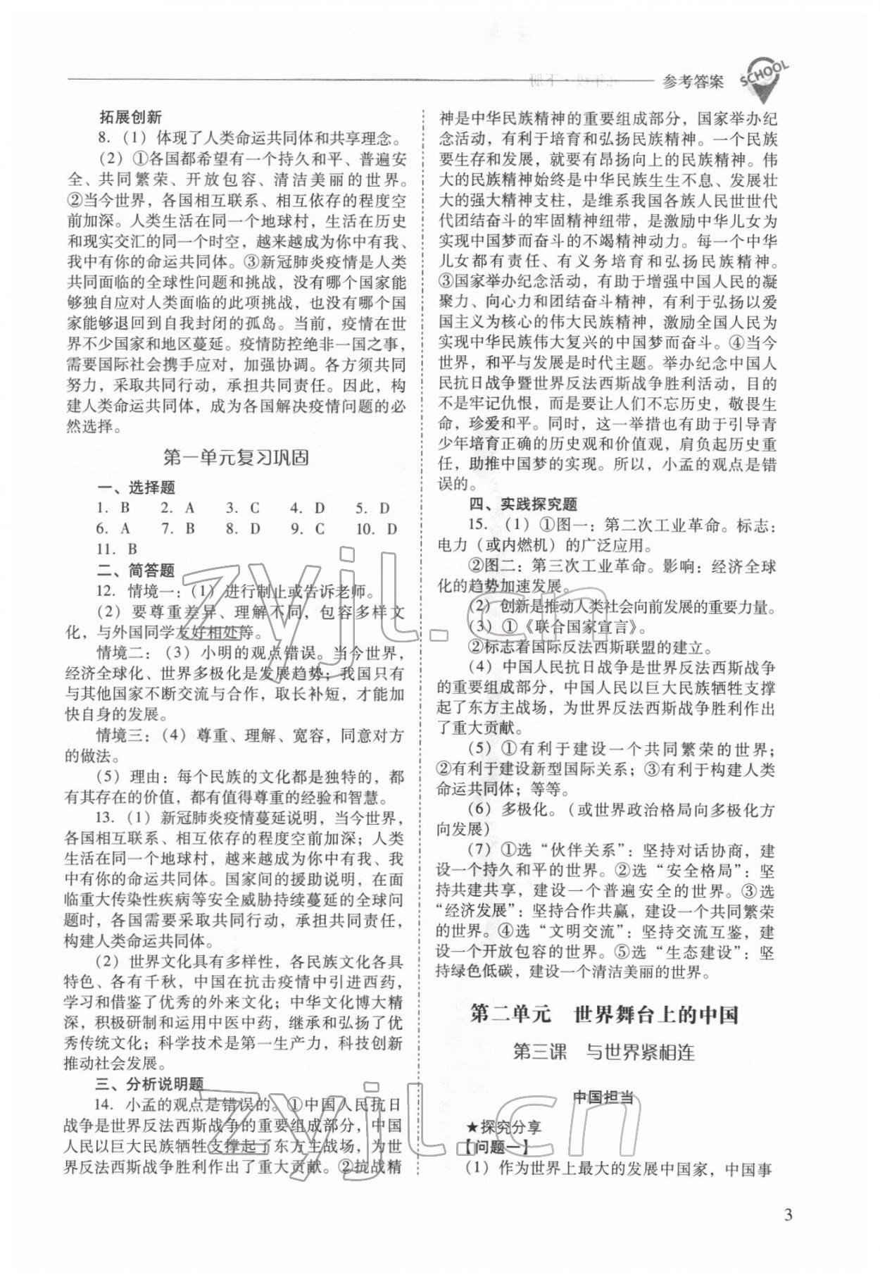 2022年新课程问题解决导学方案九年级道德与法治下册人教版 参考答案第3页