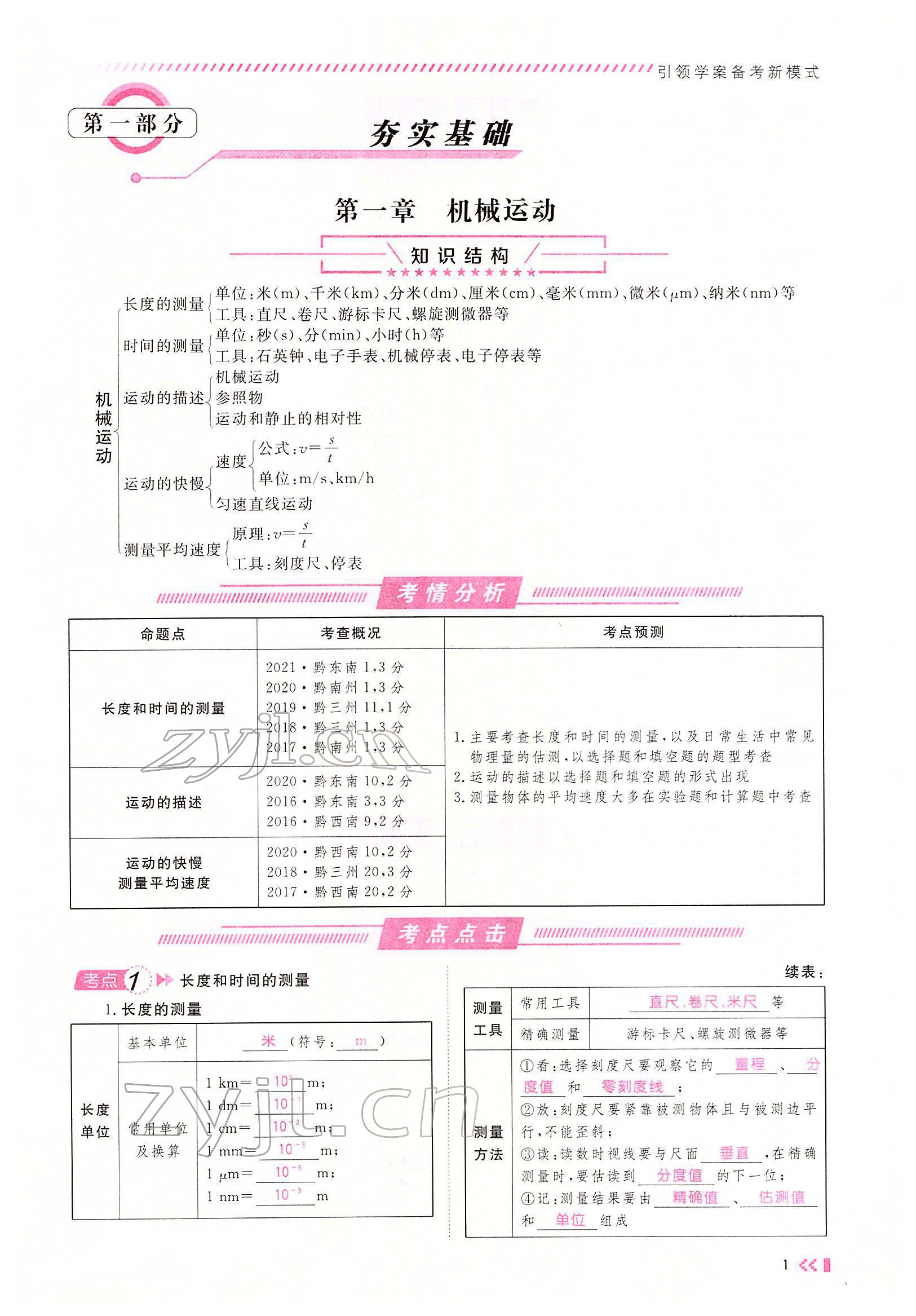 2022年名師學案中考復習堂堂清物理中考黔東南專版 參考答案第1頁