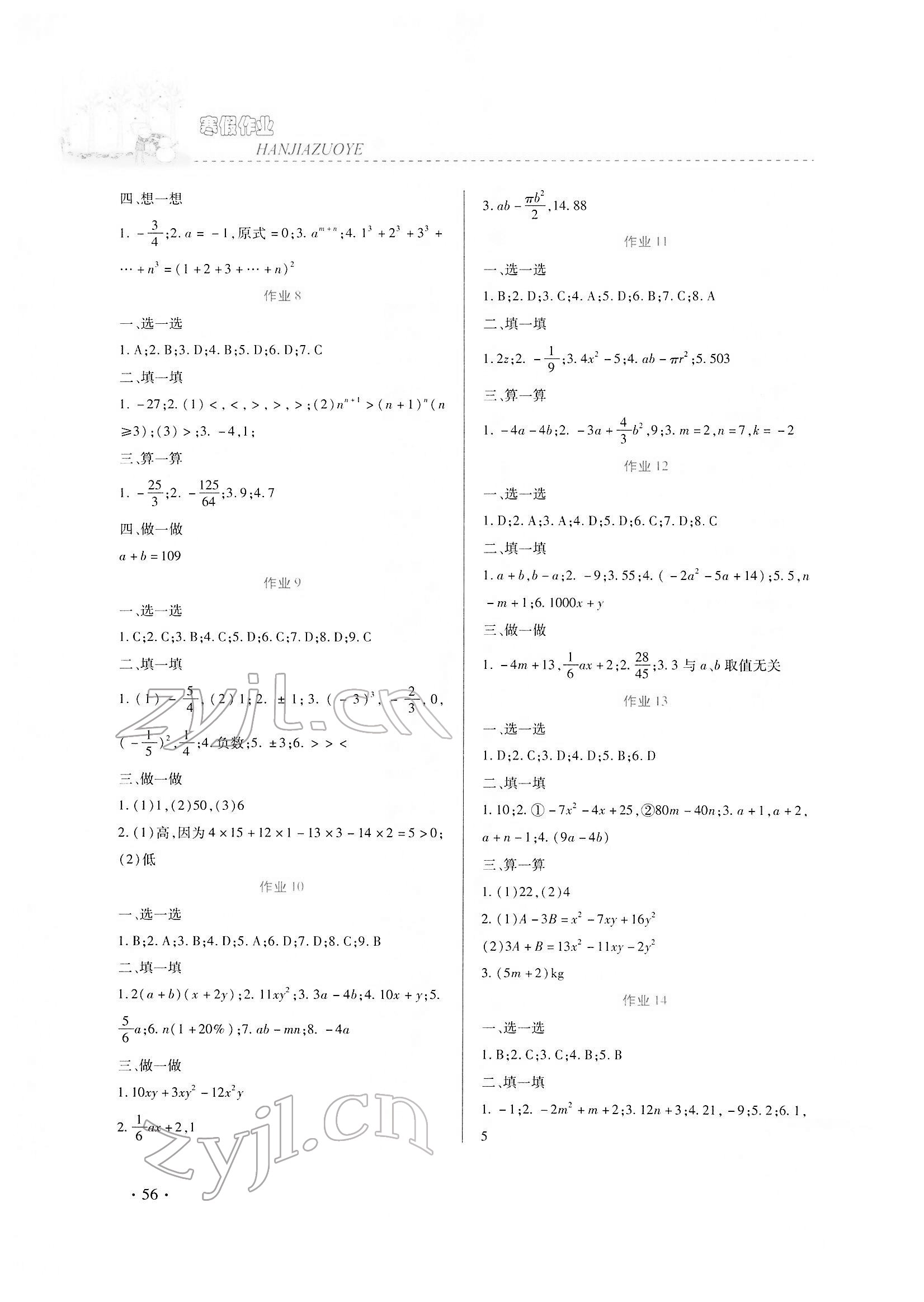 2022年寒假作业内蒙古大学出版社七年级数学 第2页