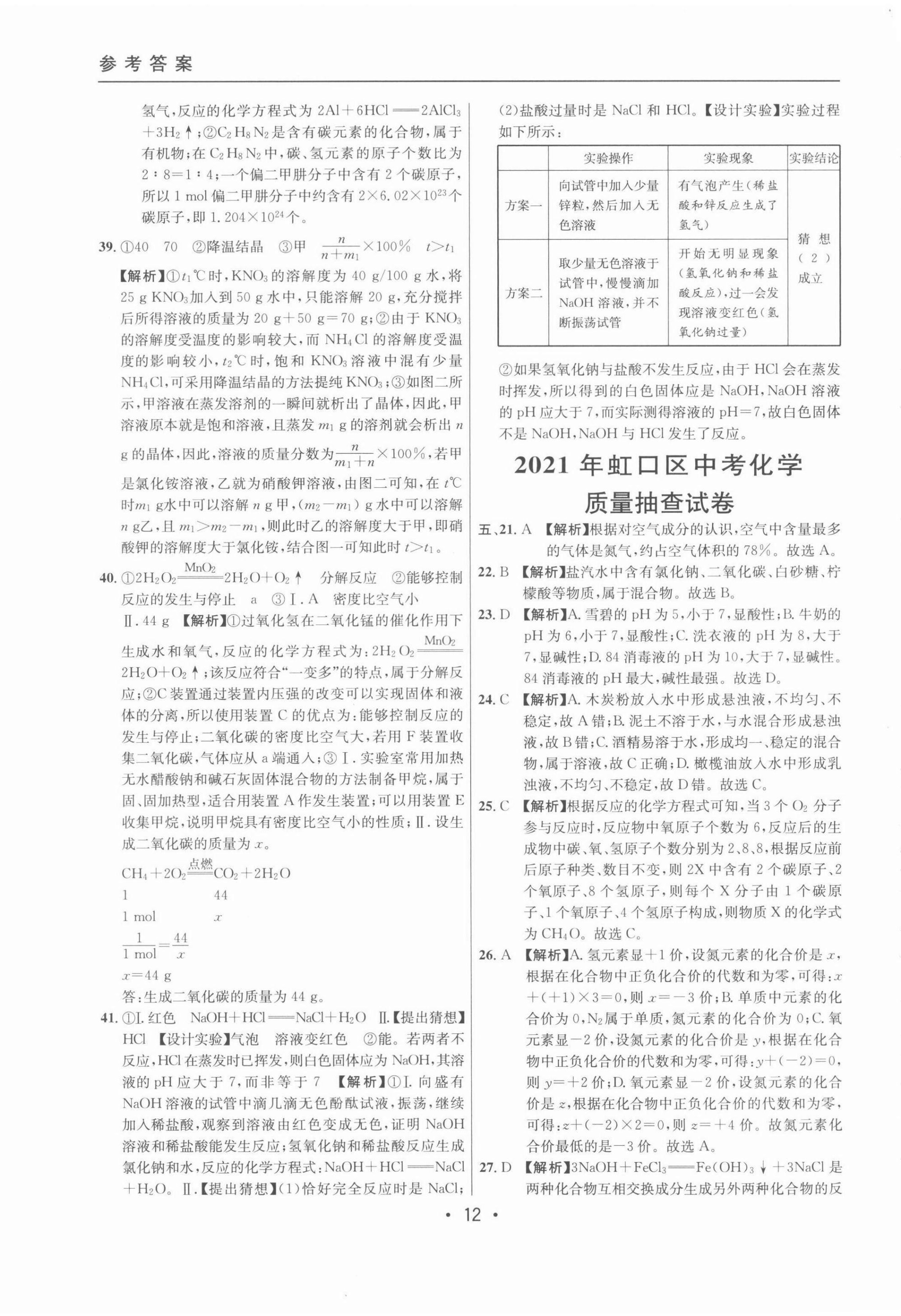 2022年中考實戰(zhàn)名校在招手化學(xué)二模卷 參考答案第12頁