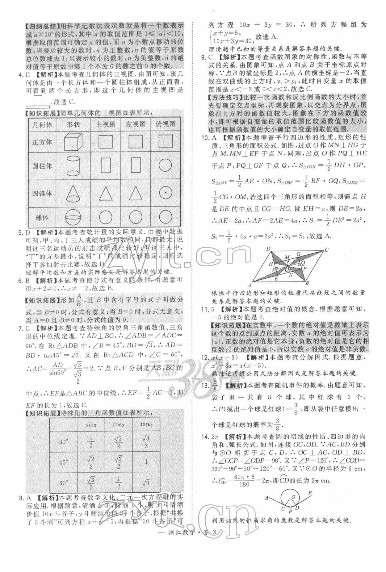 2022年天利38套中考试题精粹数学浙江专版 参考答案第3页