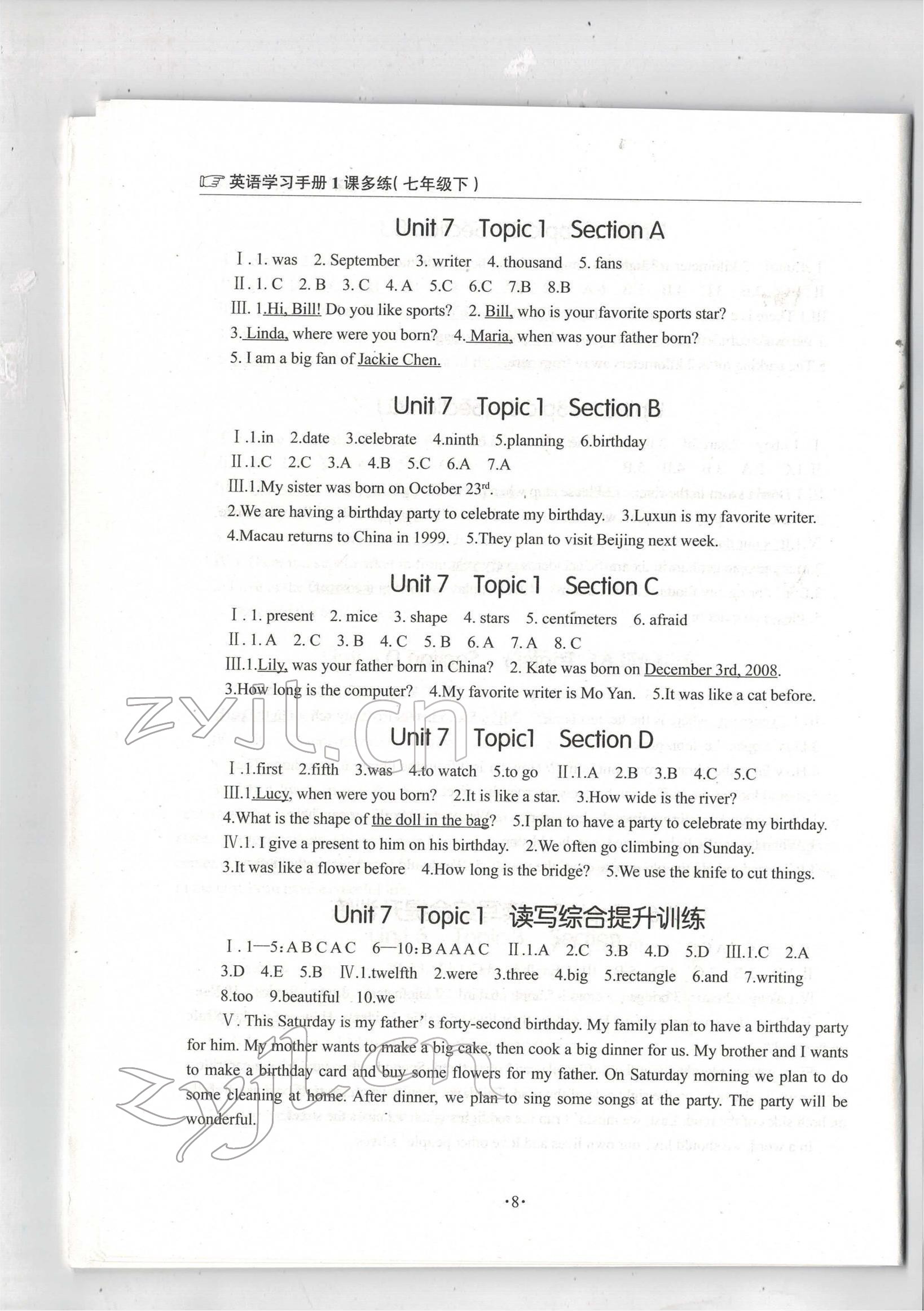 2022年英語學(xué)習(xí)手冊1課多練七年級下冊仁愛版福建專版 參考答案第8頁