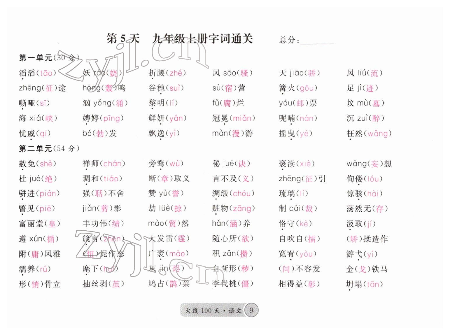 2022年火線100天中考滾動(dòng)復(fù)習(xí)法語文四川專版 參考答案第9頁