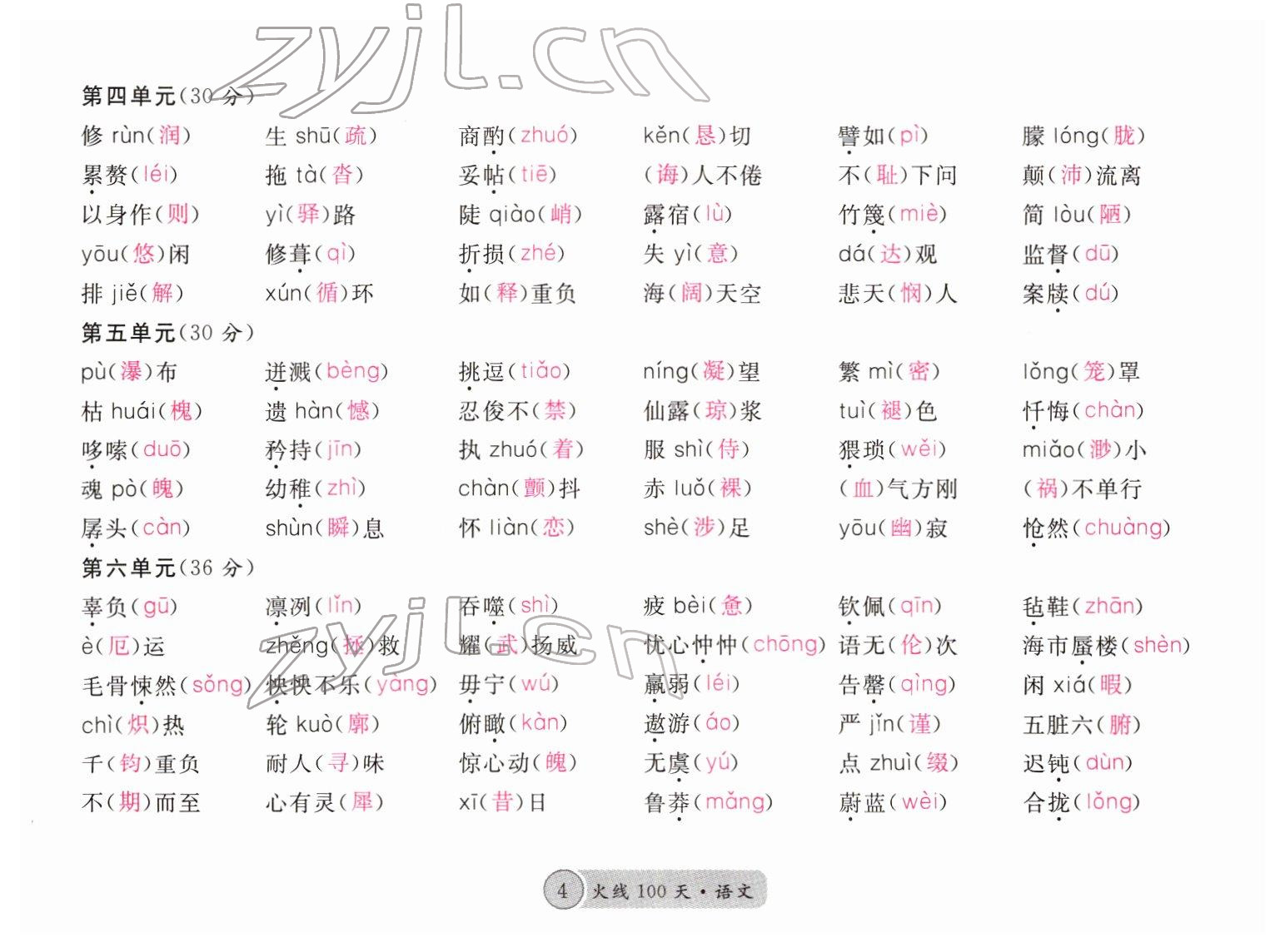 2022年火線100天中考滾動(dòng)復(fù)習(xí)法語文四川專版 參考答案第4頁