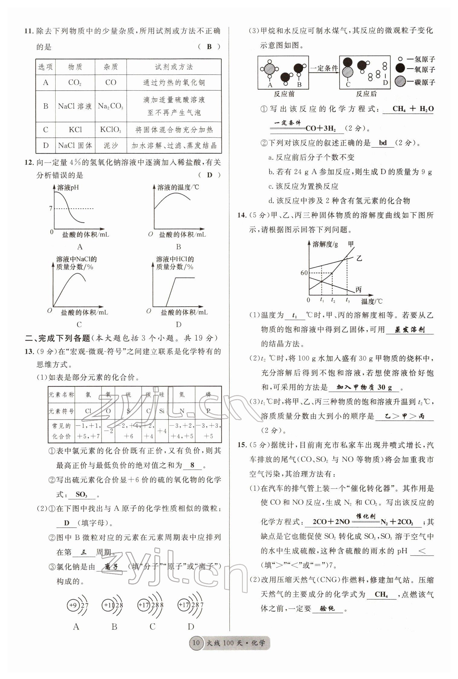 2022年火線100天中考滾動(dòng)復(fù)習(xí)法化學(xué)南充專版 參考答案第10頁