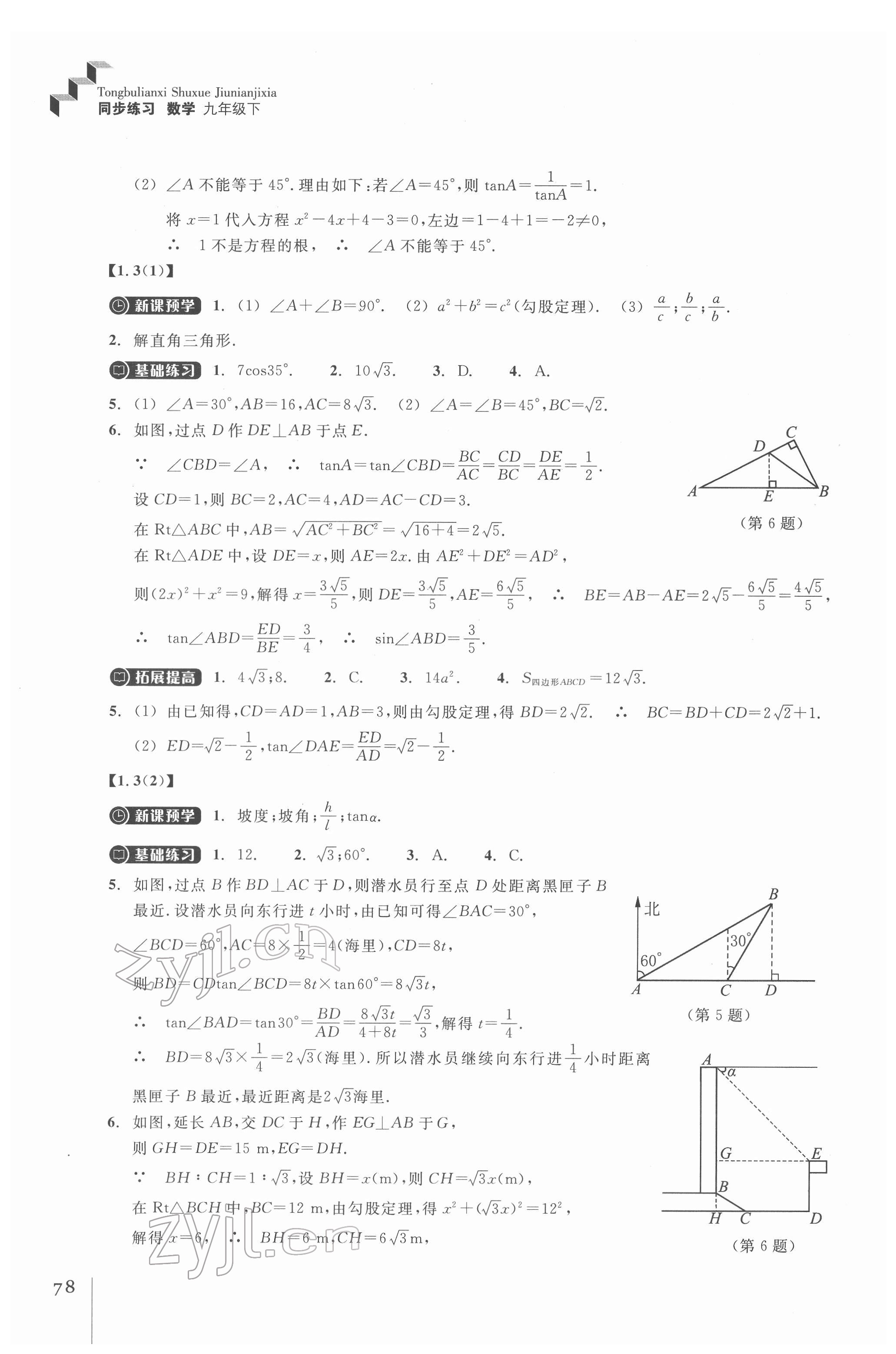 2022年同步练习浙江教育出版社九年级数学下册浙教版 参考答案第3页