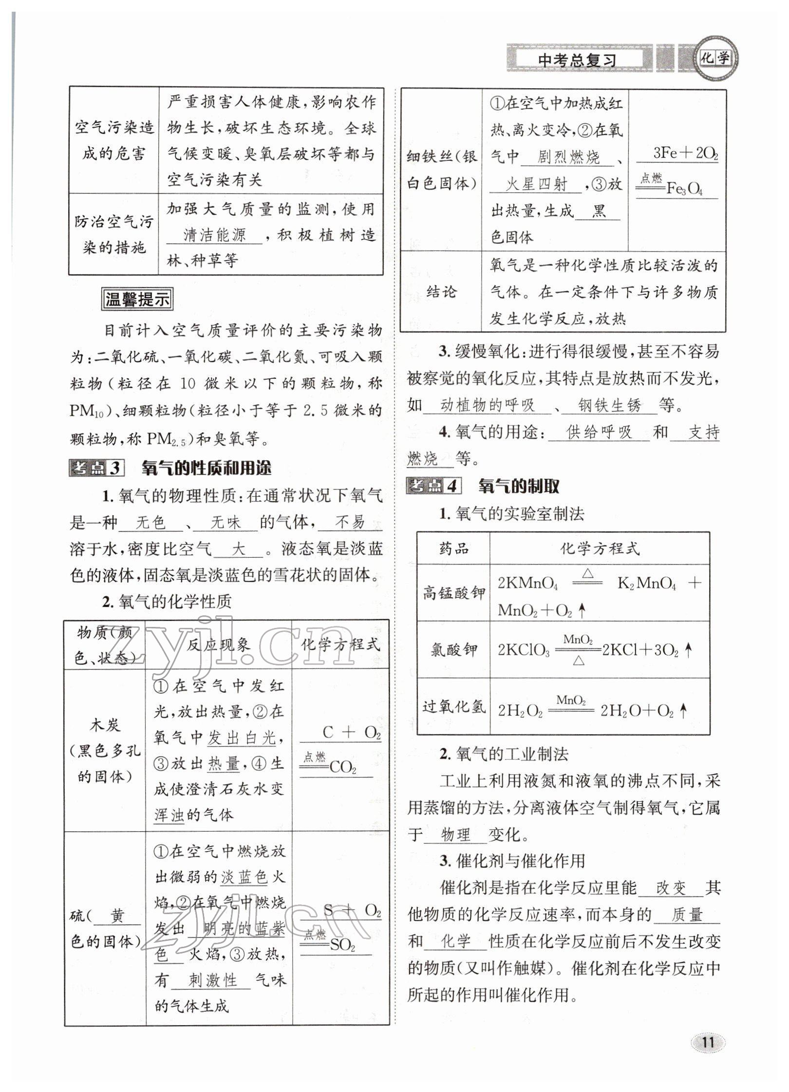 2022年中考总复习长江出版社化学 参考答案第11页